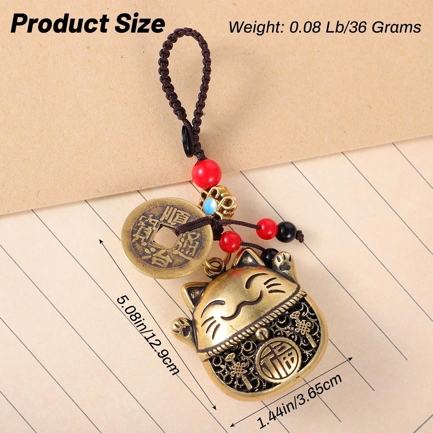 Lucky Cat Keychain with Feng Shui Coins Brass Maneki Neko Good Luck Charms