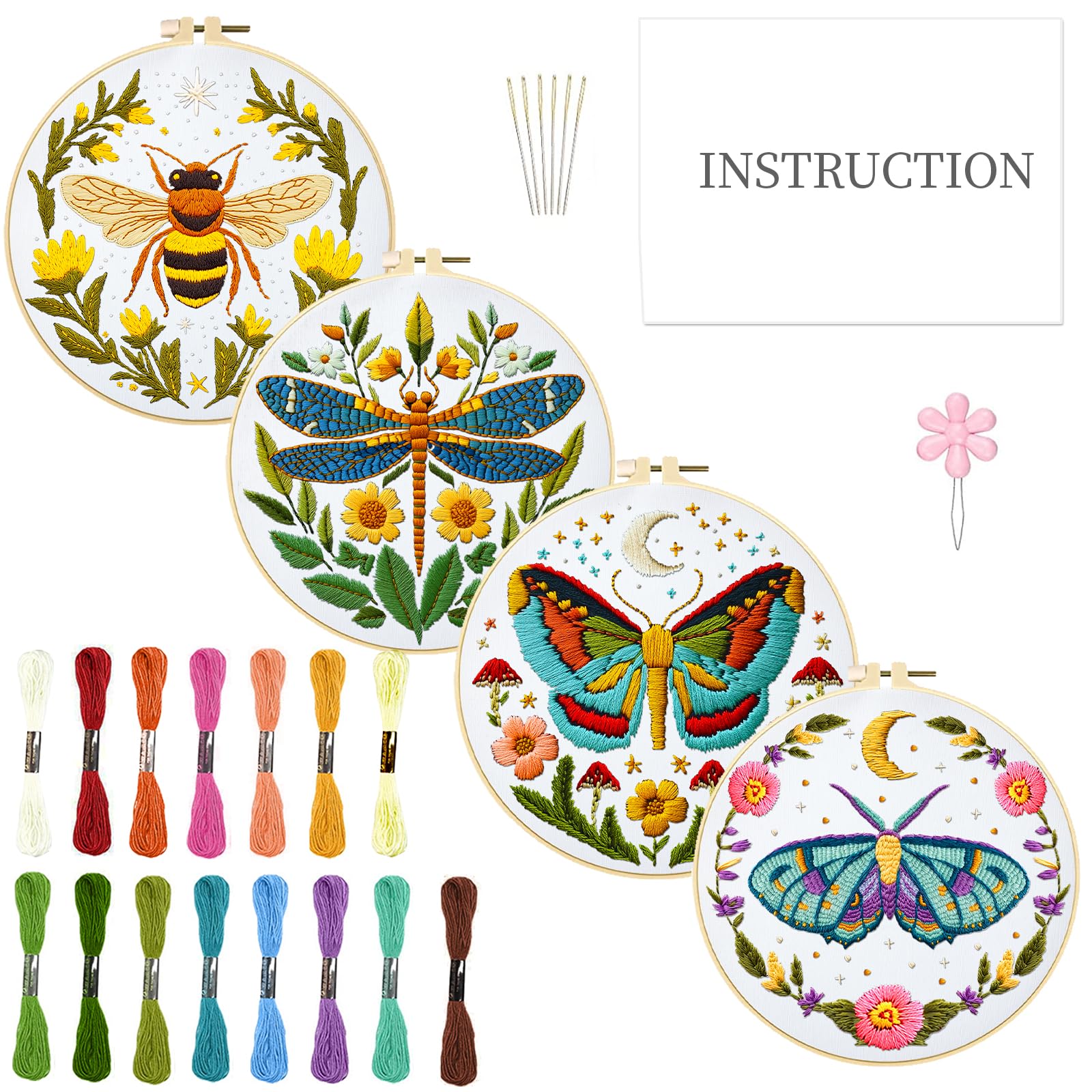INFUNLY 4 Sets DIY Insect Pattern Embroidery Kits for Starter 11.8"×11.8" Flowers Plants Embroidery Hoop kit Handmade Bees Embroidery Kits Moth Needlepoint Kit with Instruction for Adults Beginners