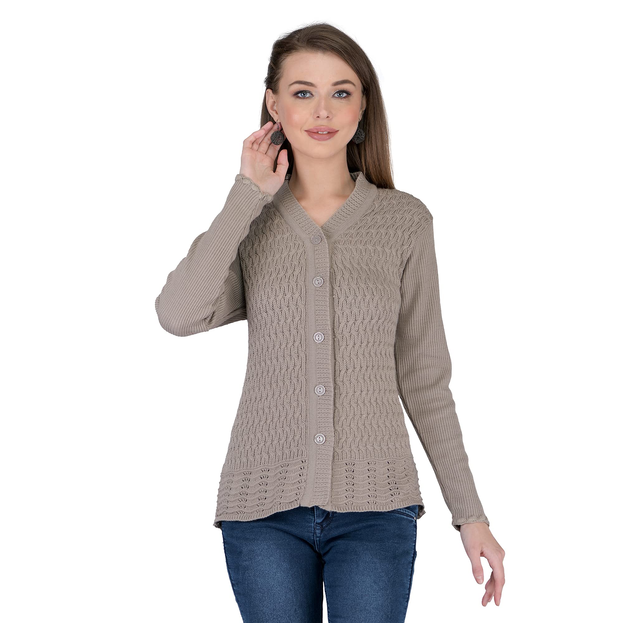 lady willington Women Woolen V-Neck Self Design Cardigan Heavy Daffodil Fabric Cardigan Winter Wear Pure Wool Cardigan for Women Free Size Long Cotty Fully Warm Cardigans (XL, Mouse)-picture-25