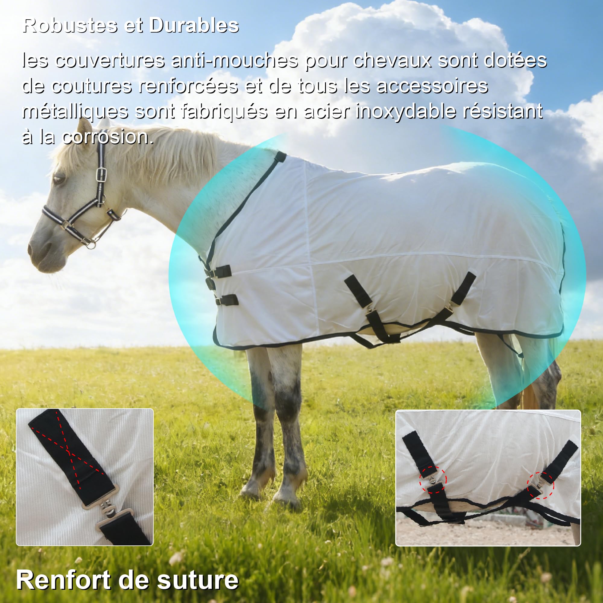 Couverture Anti-Mouches en Maille pour Chevaux, Protection UV, Légère et Respirante, Ajustement Réglable, Encolure Standard, pour l'Été dans Les Paddocks et Les Écuries, Blanc 130cm