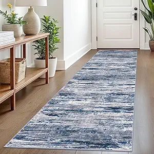 2.6x8 Navy Blue Gray Neutral Multi Modern Abstract Runner Rug for Hallways, Super Soft Hallway Decor Kitchen Rugs with Non-Slip, Non-Shedding Washable Rug for Entryway Bedroom Indoor