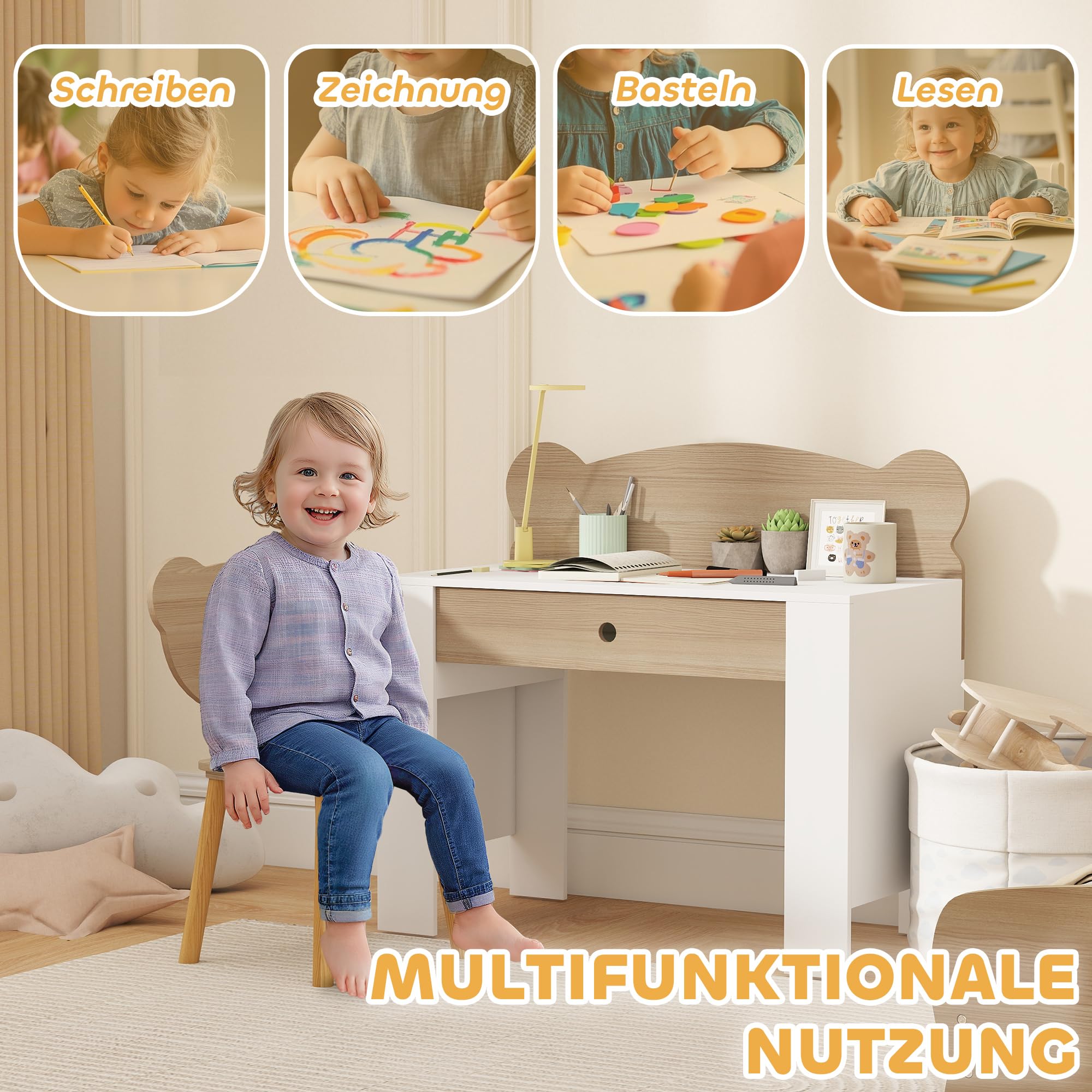 AIYAPLAY Kinderschreibtisch Set mit Tischplatte & Schublade Kinder Schreibtisch und Stuhl mit Bärenform Schülerschreibtisch Kindertisch Jugendschreibtisch für Jungs & Mädchen Naturholz