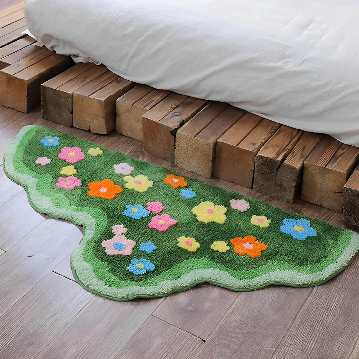 Bedside Moss Flower Rug - Non Slip Cute Bath Mat Irregular Shaped Tufted Rug, Green Bathroom Small Area Rugs for Bedroom Aesthetic (Half Circle 2x4ft)