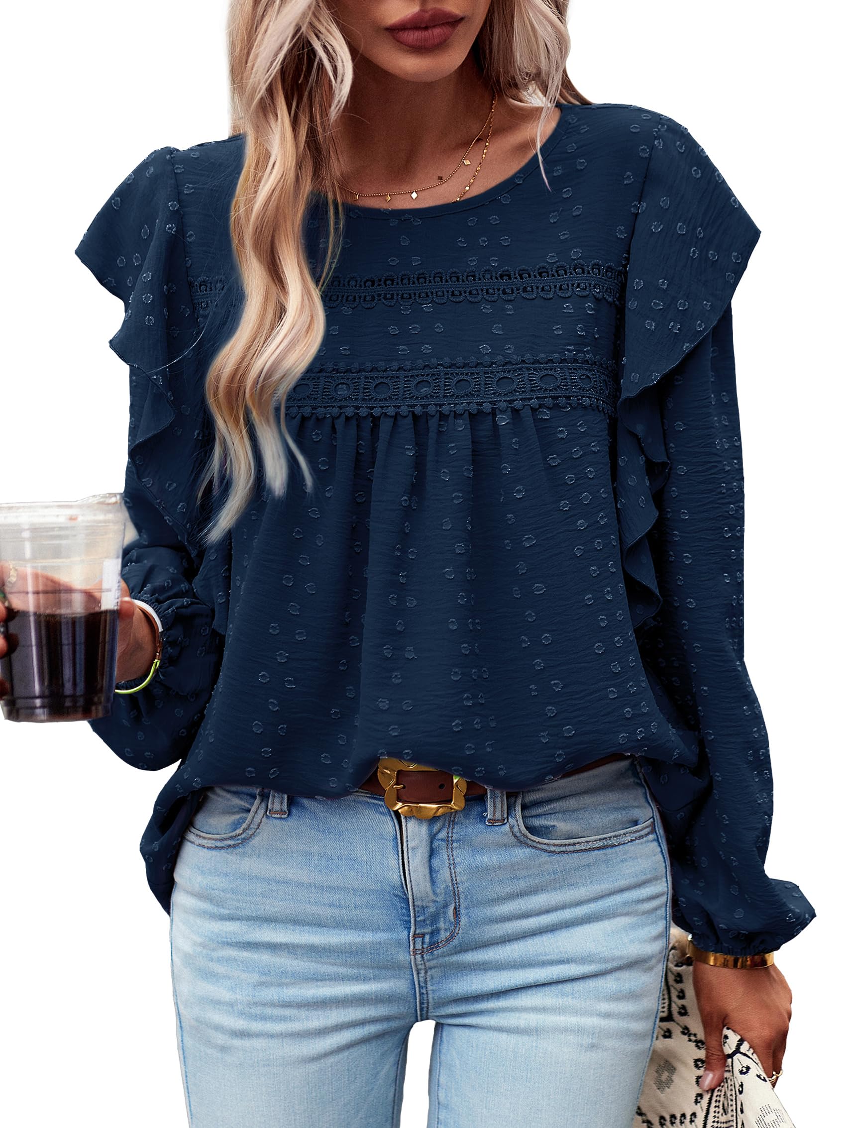 Blusas Túnicas para Mujer Elegante Mangas Volantes Swiss Dot Encaje Frente Plisado Streetwear Cuello Redondo Blusa Camisera
