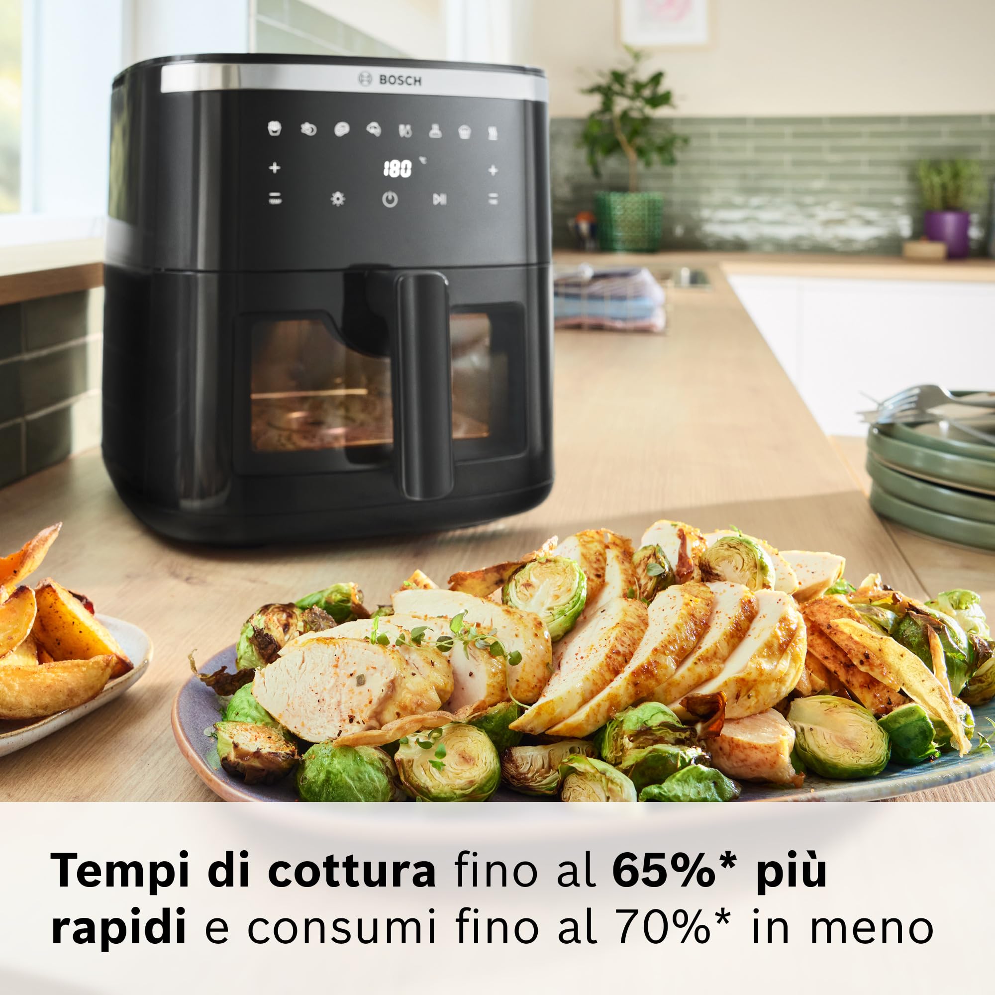 Bosch Serie 6 Friggitrice ad Aria MAF671B0, Air Fryer XXL, Capacità 7,2 L, 7 Programmi Preimpostati, Finestra sul Cestello Illuminata, Cottura Fino al 65%* Più Veloce, Nero