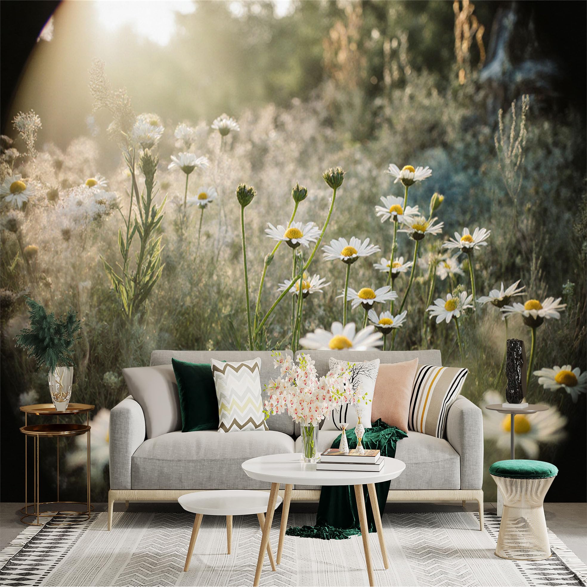 Lnzczhyre Xc260505021 Custom Size Wall Sticker Mural， Sunlit Wild Daisies In Meadow， Soft Morning Light Bloom， Natural Botanical Spring Field， For Wall Decoration， Peelandstick Wall Decals.