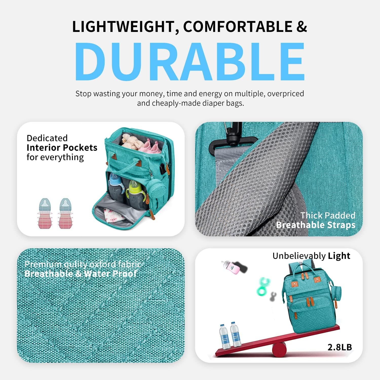 KABAQOO Diaper Bag Backpack with Detachable Changing Station, Large Capacity Baby Diaper Bags for Boys & Girls, Baby Registry Search Stuff & Shower Gifts, Newborn Essentials Must Haves, Lake Blue