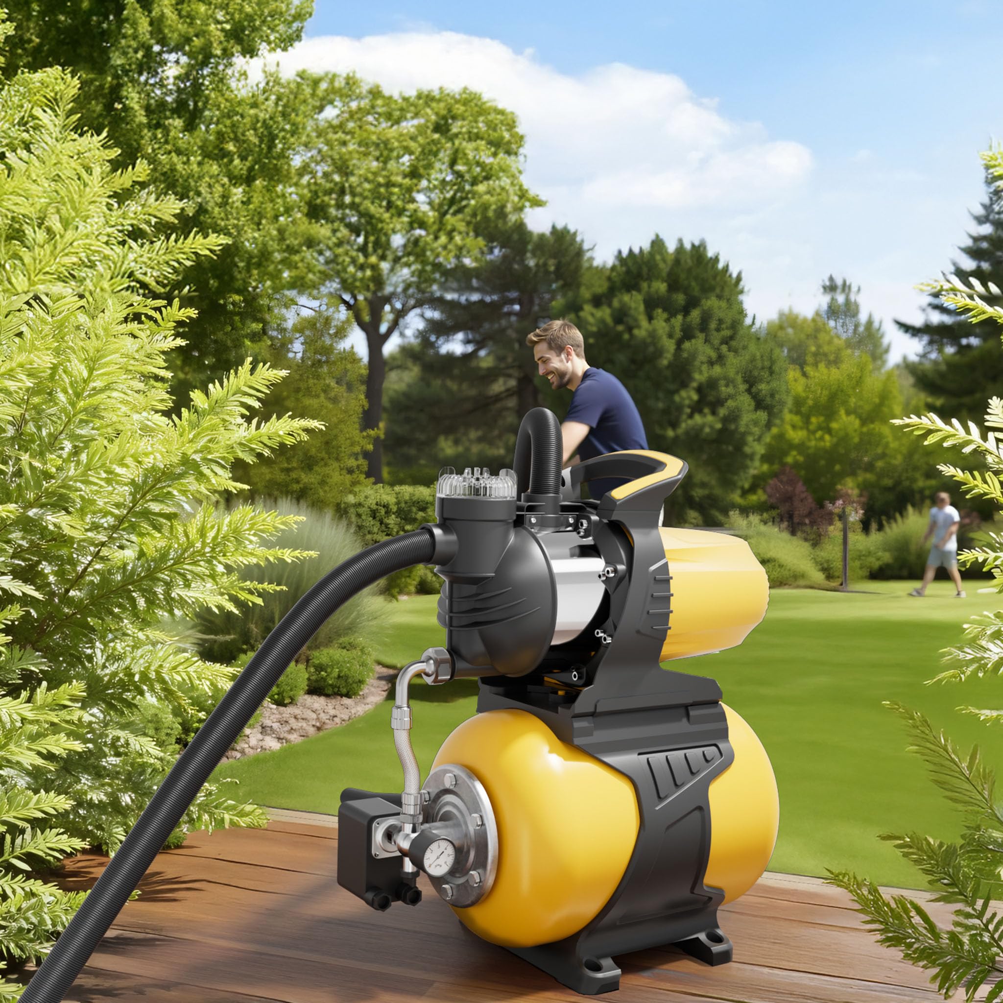 Wiltec Bomba de agua 1300 W con tanque de presión de 24 L y prefiltro, caudal 5000 l/, equipo de presión de agua para uso doméstico, carcasa de acero inoxidable, altura de elevación 50 m