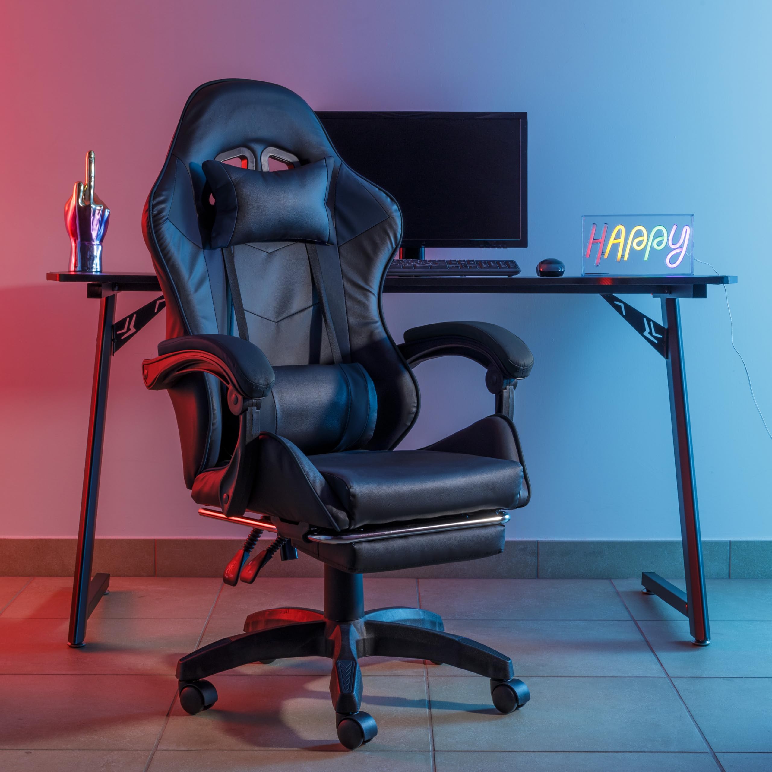 Baroni Home Sedia Gaming Ergonomica con Massaggiatore Lombare, Altezza Regolabile e Schienale Inclinabile, Sedia Ufficio con Comodo Poggiatesta e Poggiapiedi, in Soft Foam, Nero, 58x66x114-124 cm