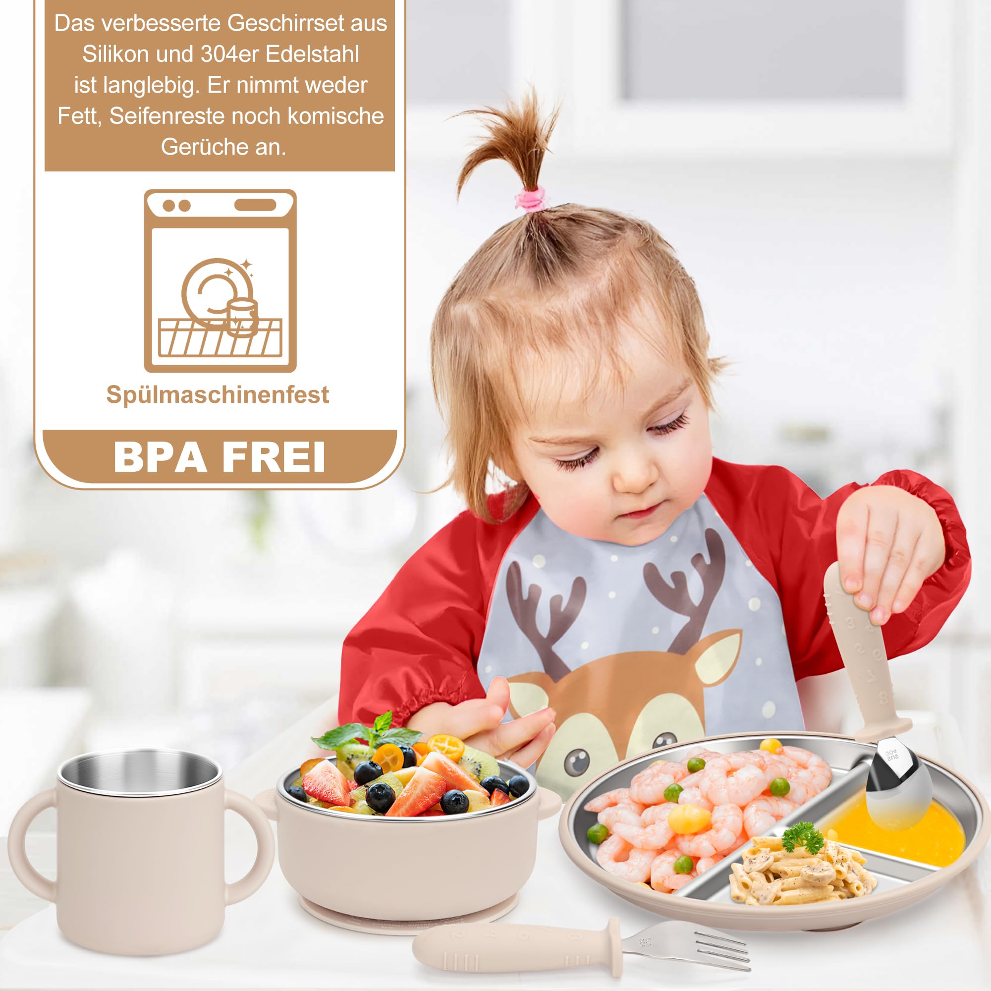 Juego de vajilla infantil de acero inoxidable con ventosa, 6 piezas incluyen plato y vaso para aprender a beber, babero con mangas, cuchara