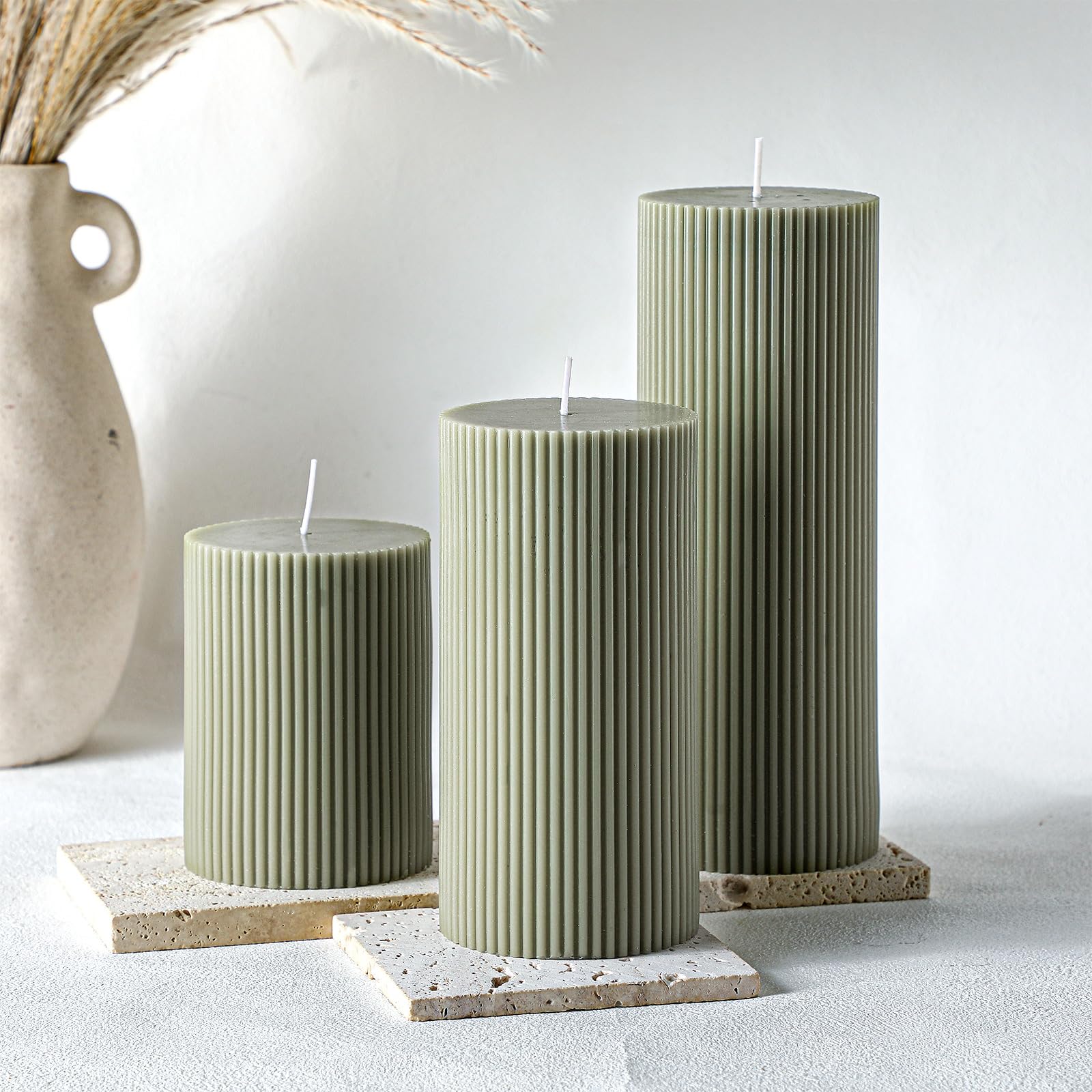 Photo 1 of Conelist Ribbed Pillar Candles Set of 3, Bean Green