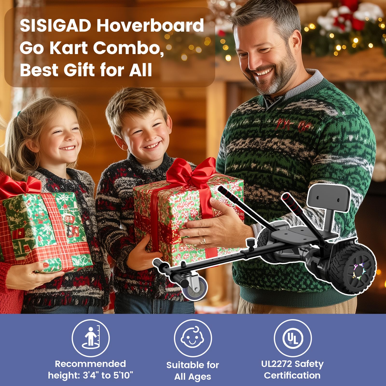 Hoverboard mit Sitzbefestigung, 8.5Zoll Self Balancing Scooters Go Kart mit Bluetooth und LED Lichtern, Gun+Black