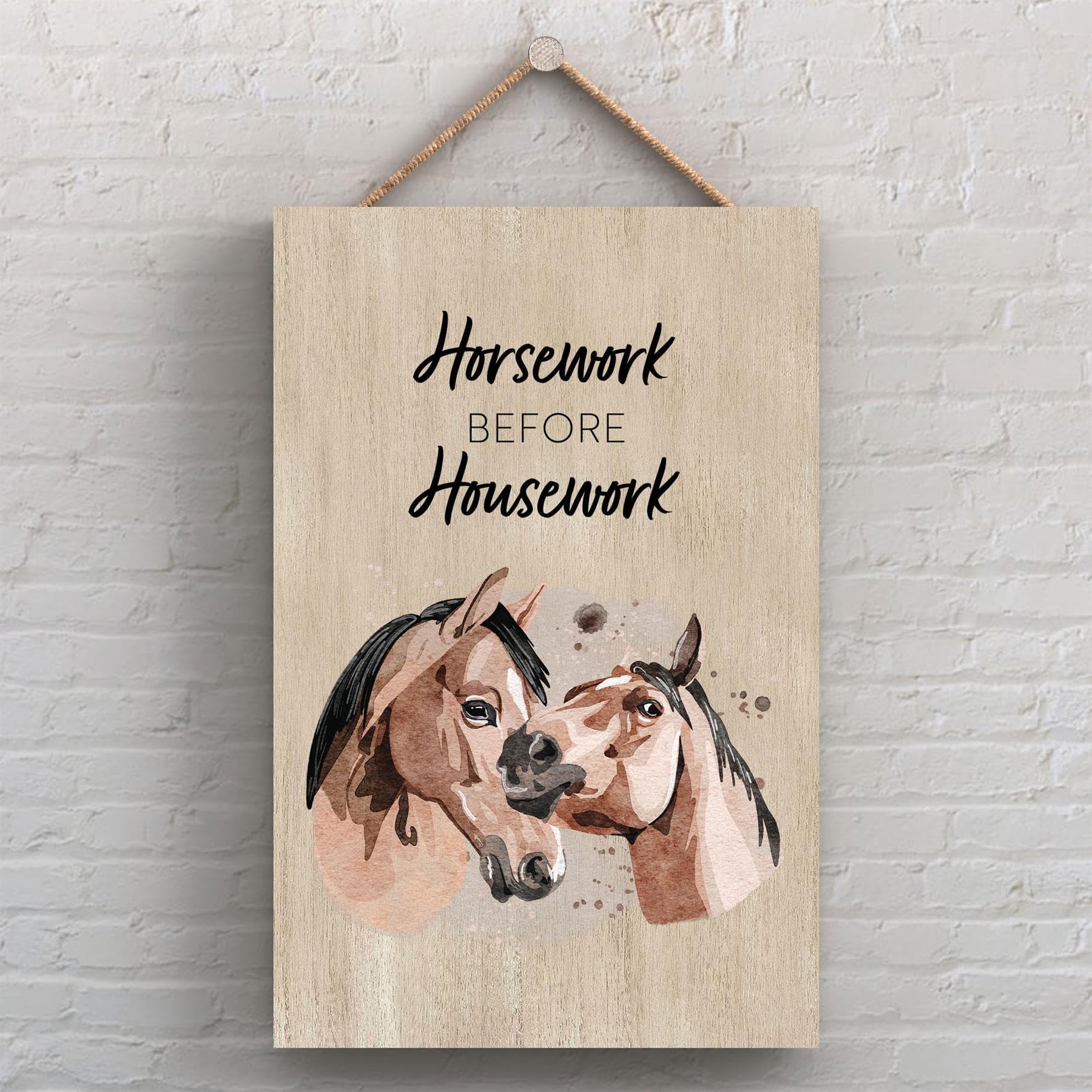 Global Designs Horsework Before Housework Horse Watercolour Artwork Decorative Wooden Plaque