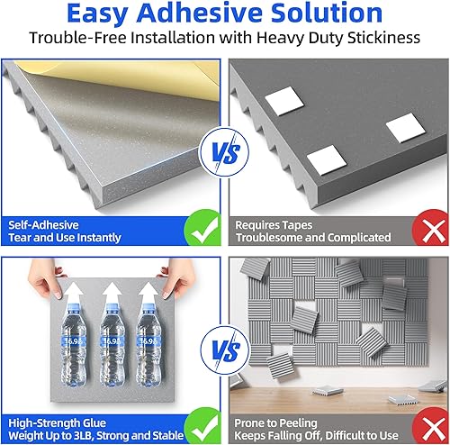 Miniatura 3 de Paquete de 12 paneles de espuma a prueba de sonido para pared con autoadhesivo, paneles acústicos de alta densidad de 2 x 12 x 12 pulgadas, absorben