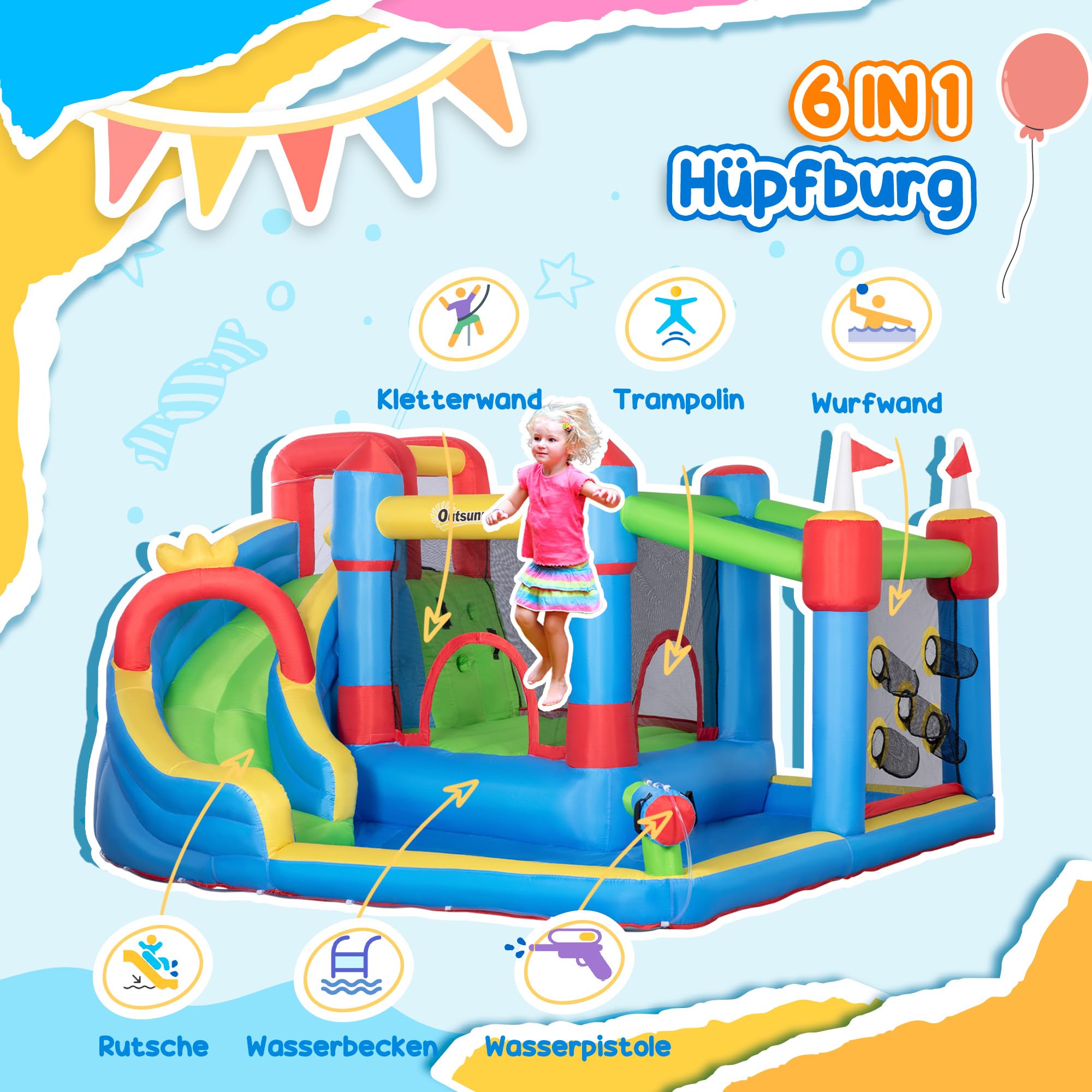 Outsunny Hüpfburg mit Gebläse für Kinder aufblasbare 6 in 1 Wasserpark mit Wasserrutsche Planschbecken Kletterwand Trampolin Wasserpistole für Indoor Outdoor Geschenk Geburtstag für 3 Kinder 3–8 Jahre