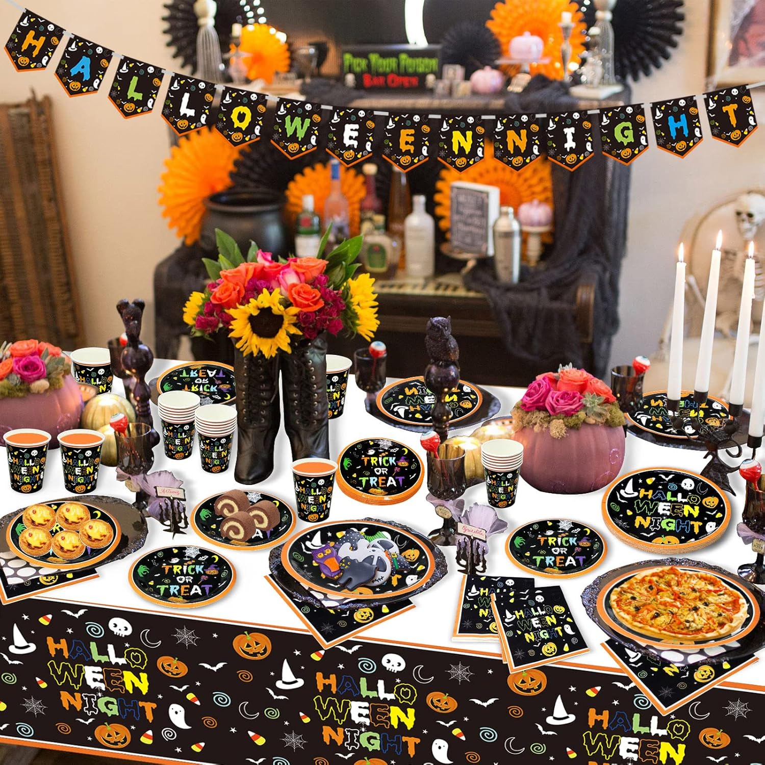Halloween Plates and Napkins Party Supplies Serves 24 Guests Include Halloween Plates, Napkins, Cups, Tablecloth and Banner for Halloween Party : Home & Kitchen