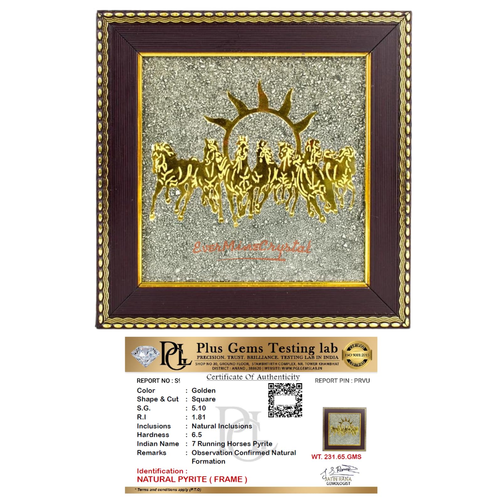 EverMineCrystal 7 Horses on Raw Pyrite Frame | Seven Horses Vastu Wall Decor for Money, Success & Fame | Raw Pyrite Stone Frame for Home & Office | Good Luck Gift Item | 18×18×1 cm