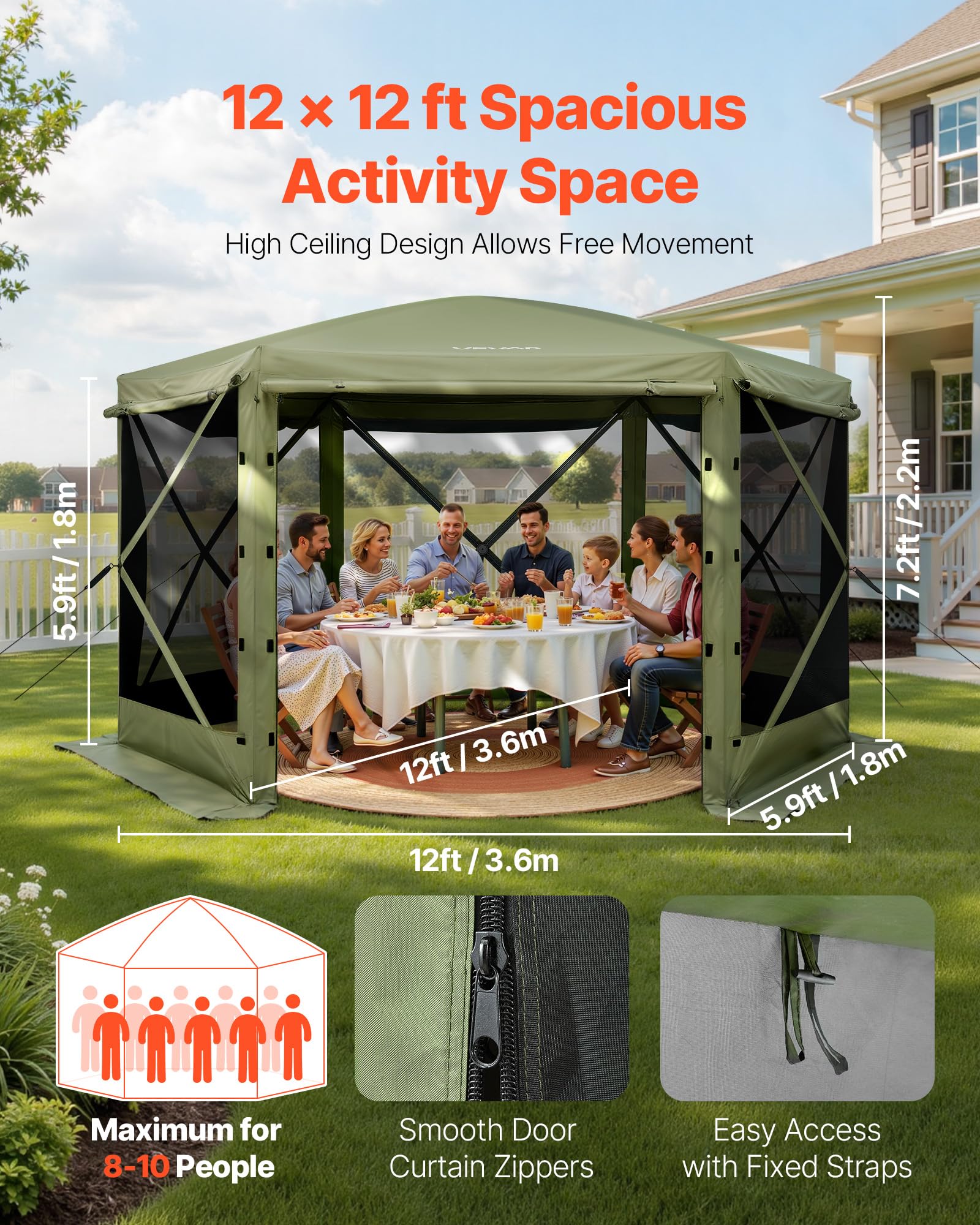 VEVOR Tente Moustiquaire Tonnelle Pop-up 3,6x3,6 m Tente Moustiquaire Pliante 8-10 Personnes Abri Solaire à 6 Côtés pour Camping en Famille Terrasse Jardin, avec Toit Amovible, Sac de Transport, Vert