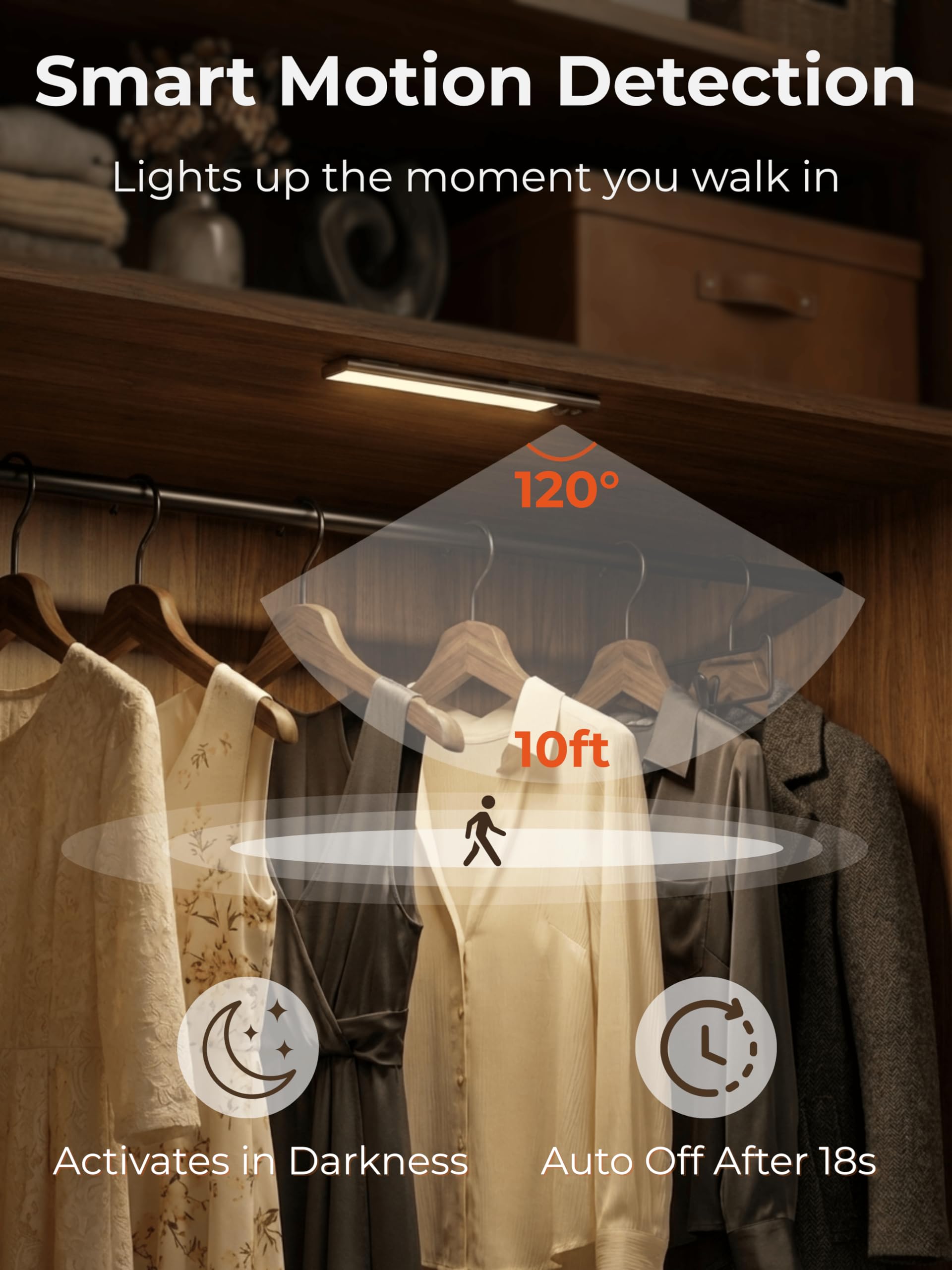 Iluminación automática debajo del gabinete, luz LED recargable con sensor de movimiento, diseño magnético inalámbrico, temperatura tricolor, 110 lúmenes, para despensa, escaleras, armario