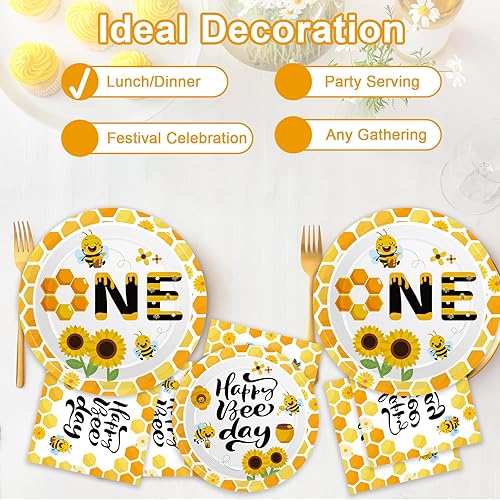 Miniatura 7 de 100 piezas de suministros de fiesta de primer cumpleaños de abeja, platos de papel y servilletas desechables para decoración de primer cumpleaños de