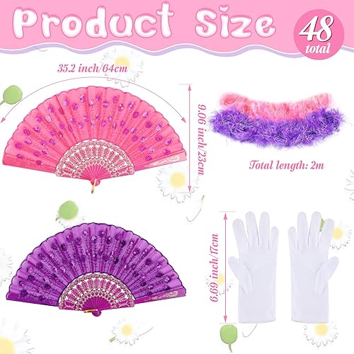 Miniatura 3 de Juego de 48 piezas de disfraces para fiesta de té para niñas, incluye guantes de fiesta de té y sombrero, boa de plumas para niños, bolsos, abanicos