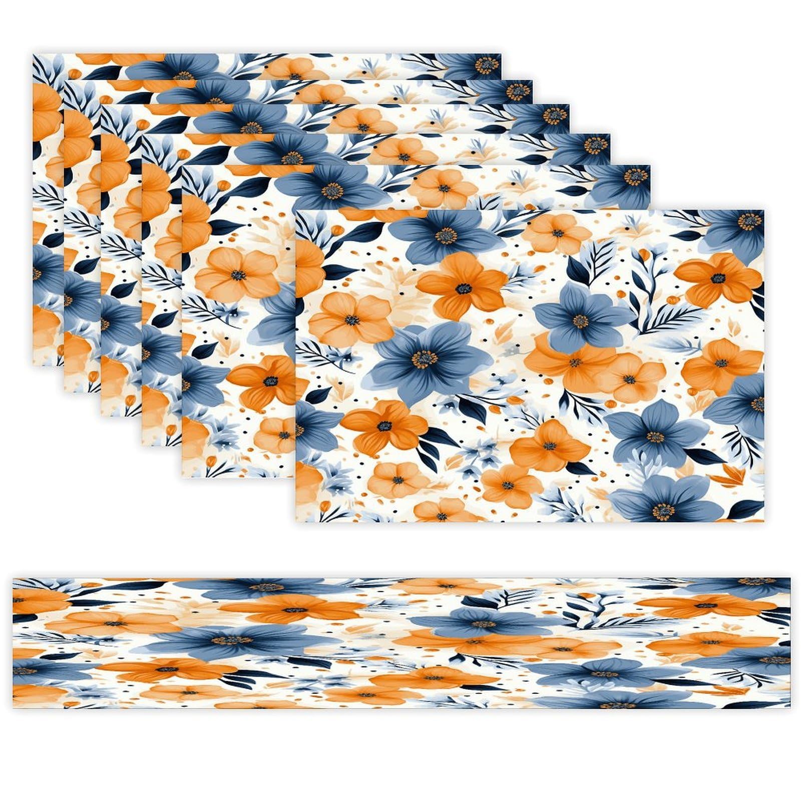 Blue And Orange Flowers on White Background Table Runner And Placemats Set of 6 for Kitchen Washable Table Mats Heat Resistant Place Mats Non-Slip Place Mat Wipeable Placemat(6 Placemats+1 Table Runne