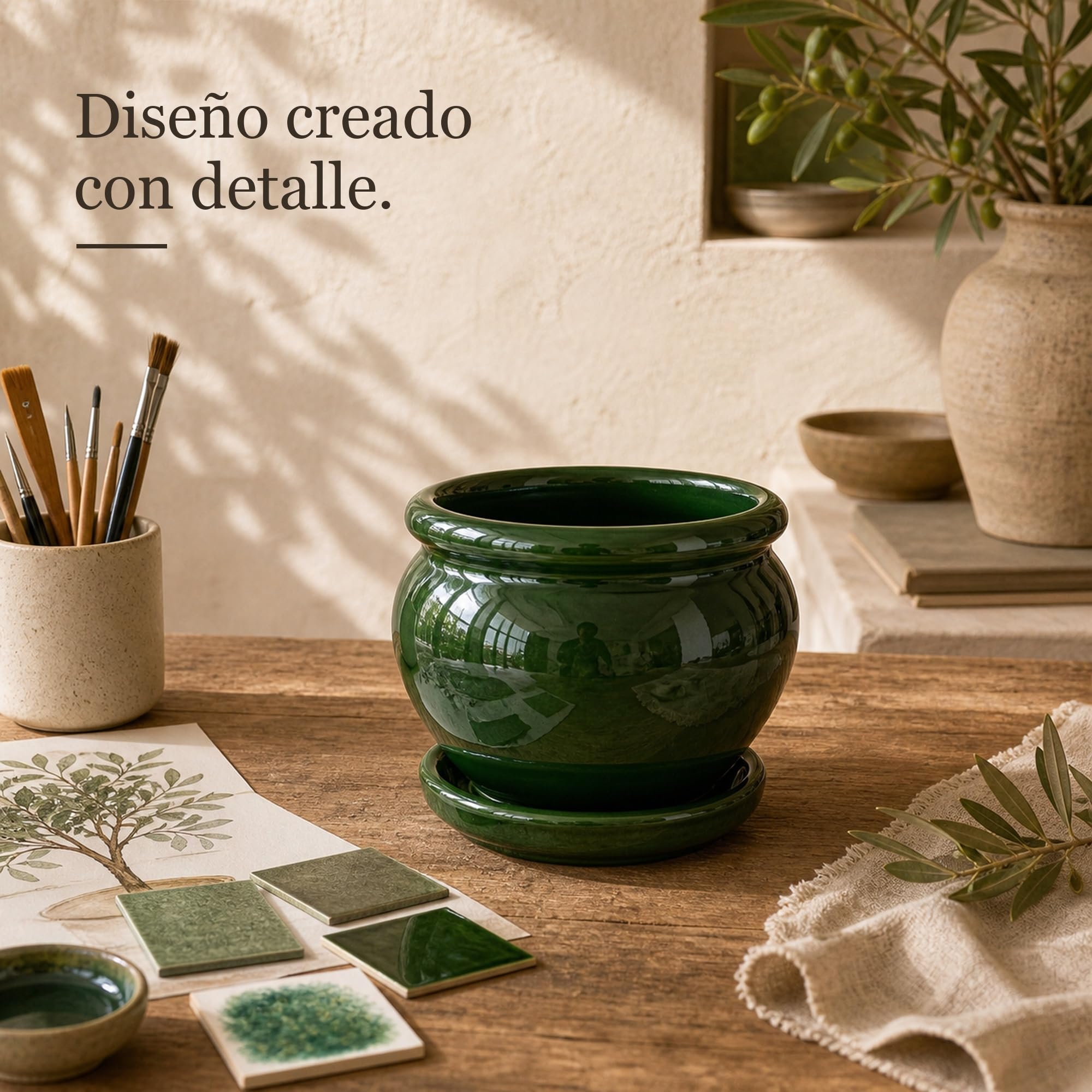 Maceta Coco cerámica Verde Botella 23 cm, macetero Decorativo para Plantas Interior Exterior terraza jardín
