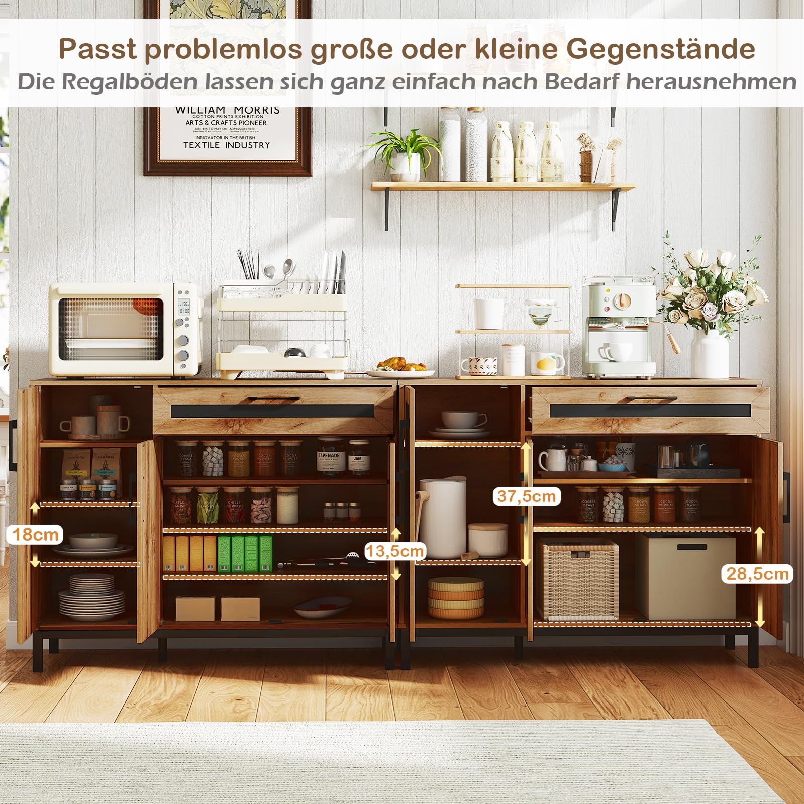 COSTWAY Sideboard Holz, Küchenschrank mit Schublade, 3 Türen, herausnehmbaren Regalen, 120 x 41 cm Arbeitsfläche, Buffetschrank für Küche, Esszimmer, Aufbewahrungsschrank, Natur + Schwarz