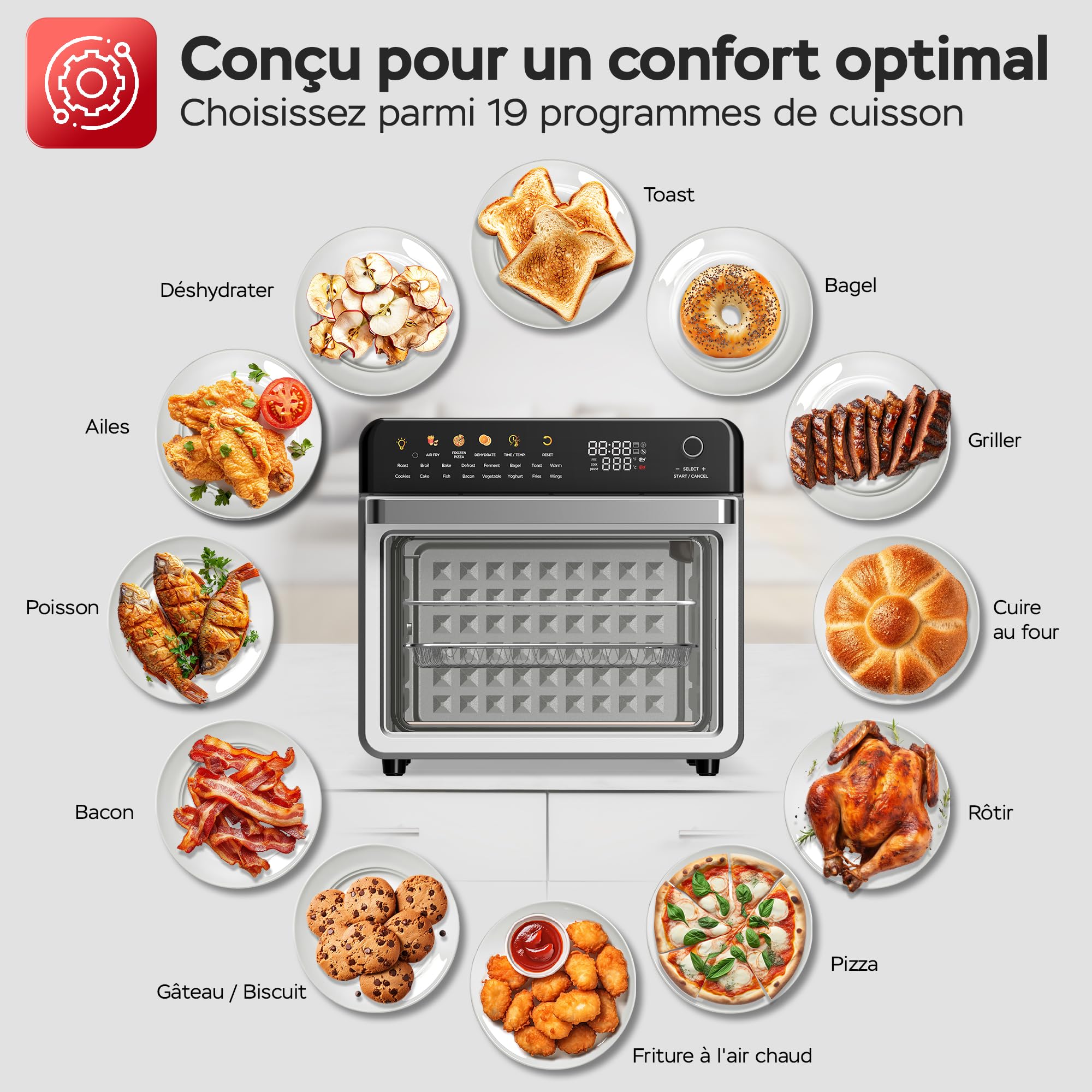 TurboTronic Four multi-intelligent, 19 en 1, four à air chaud, friteuse à air chaud, 2100 W, puissance 34 l, jusqu'à 0,5 kg de frites, mini four avec fonction déshydratation 40-230 °C, grill Airfryer