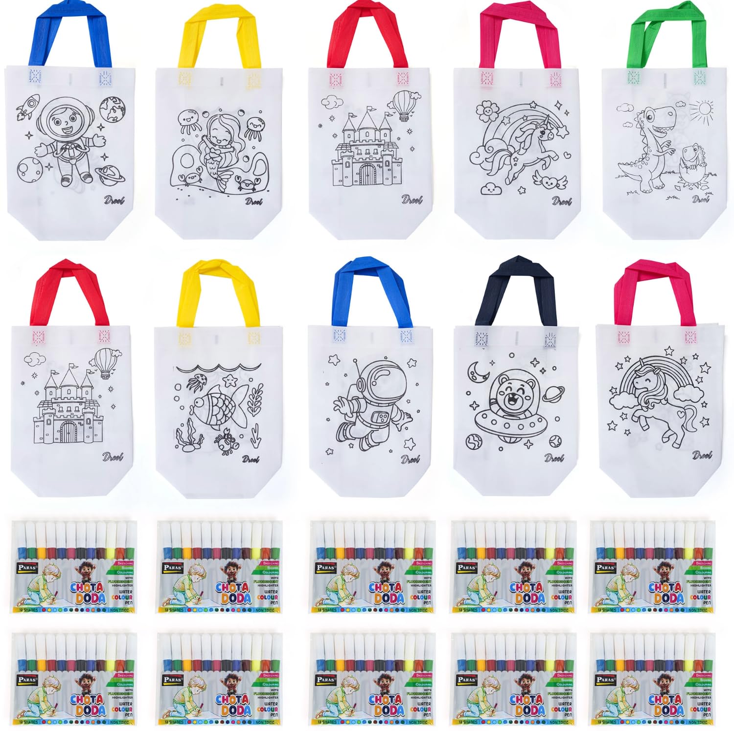Double Side Colouring Set of 10 DIY Bags Big Size and 10 Mini Sketch Pens - Pack of 12 Colors for Kids Birthday Party Return Gifts | Big Size | Reusable Goody Bag | Art Bag-image-17