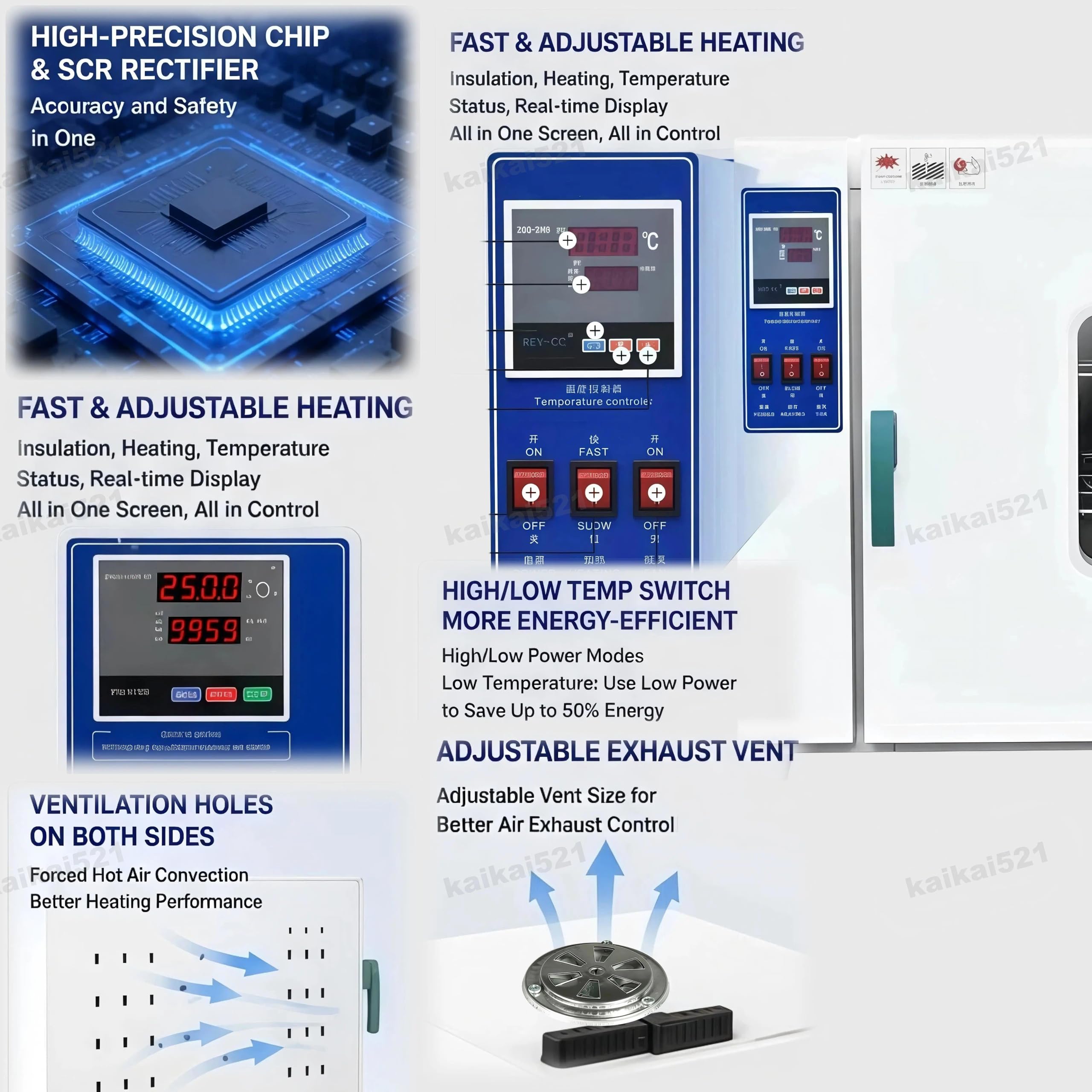 Horno de Convección por Gravedad,Horno de Calentamiento y Secado de 16L/43L cúbicos con Interior de Acero Inoxidable Instrumento de Laboratorio,Estufa De Secado Digital De Paja(43L)