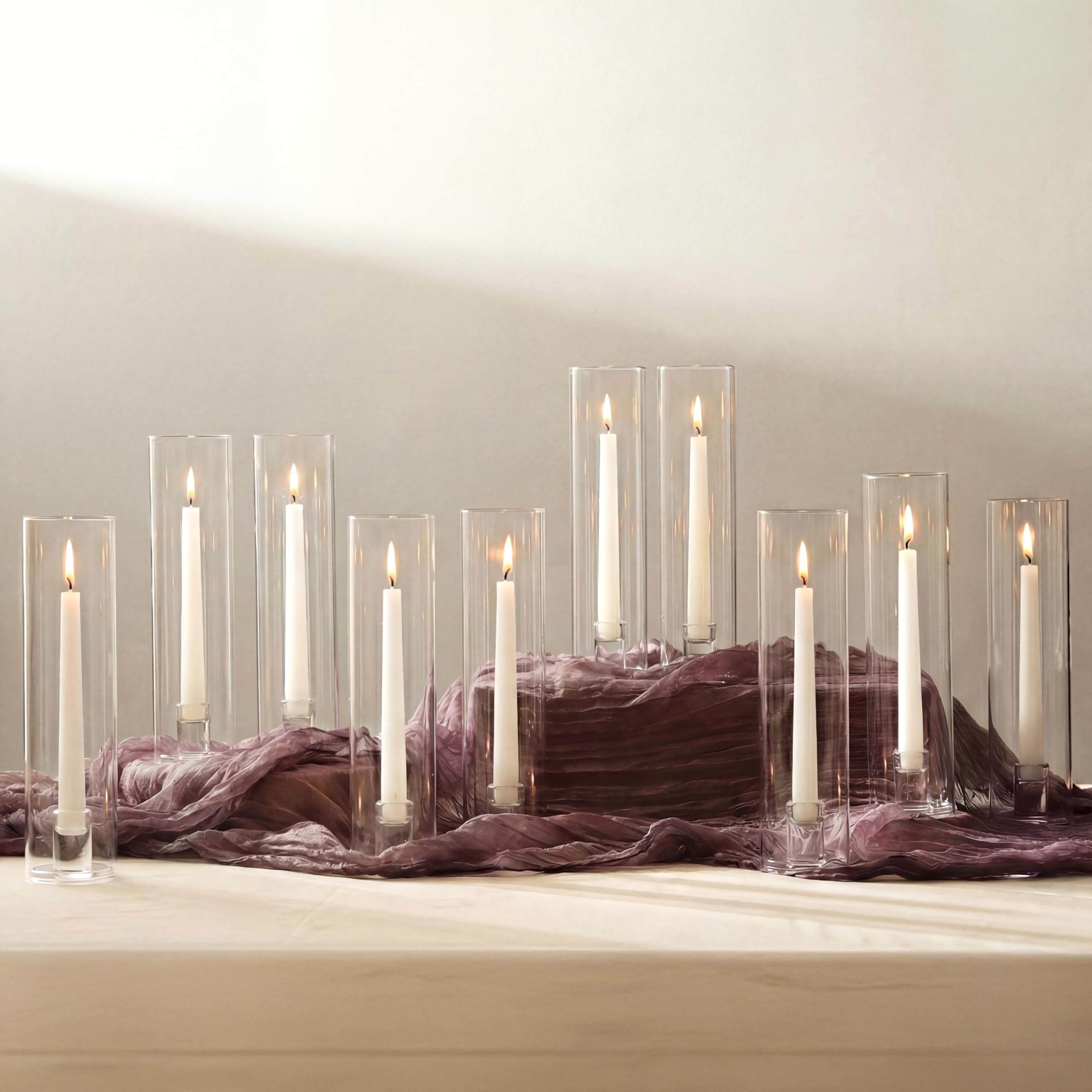 NUPTIO Hurricane Taper Candle Holder - 10 Pcs Glass Candle Stick Stands Pack Clear Glass Hurricane Candlestick Shade for Tapered Candles Modern for Wedding Christmas Table Dinner Fireplace