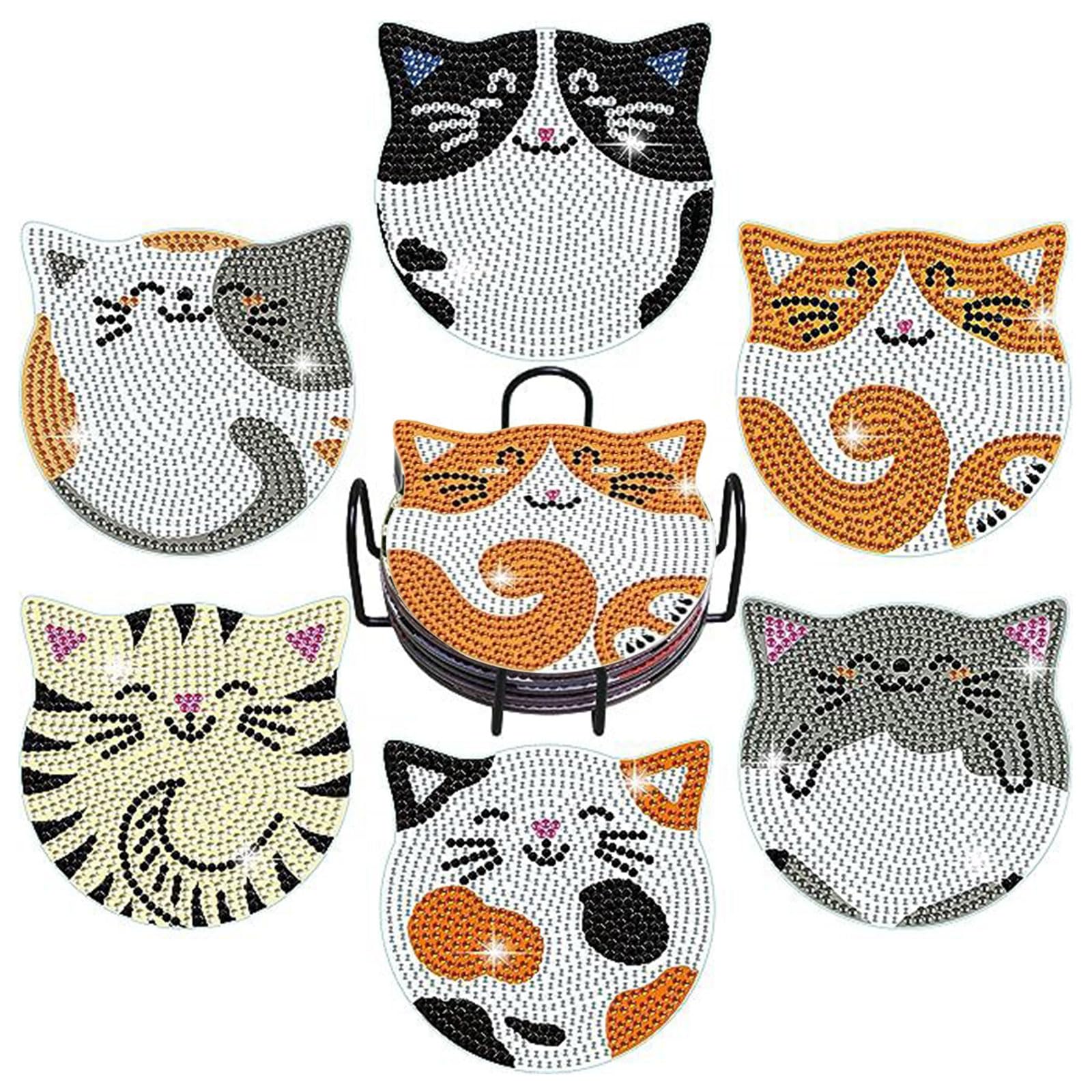 Rnigra 6 Pcs Cat Diamond Art Coasters with Holder, Diamond Painting Coasters, Crafts Kits for Diy, Suitable for Home Decoration And Gift Giving