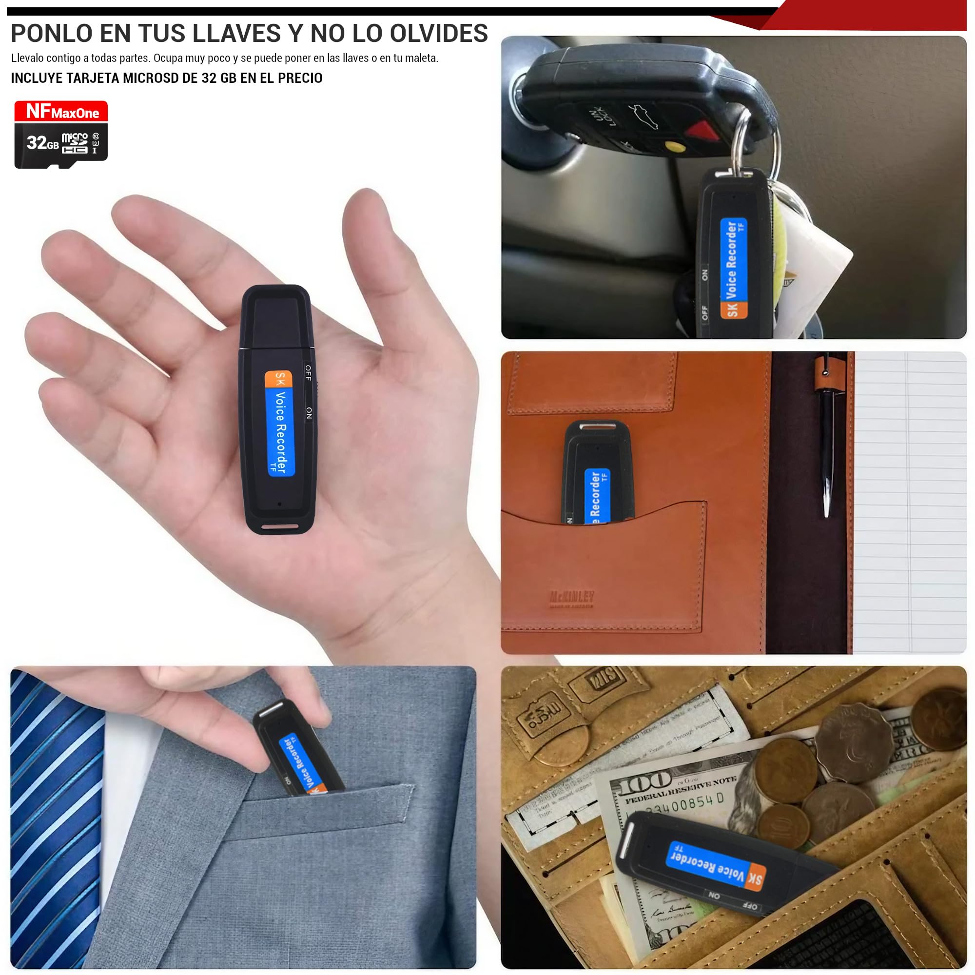 Grabadora de Voz Espia Digital con MicroSD de 32 GB incluida | Mini Grabadora de Audio Ideal para Reuniones, Entrevistas, Clases | Grabadora USB Espia Portatil con hasta 500 Horas Grabación