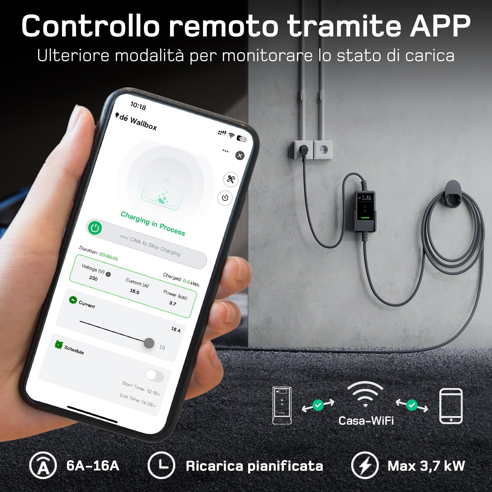 dé Cavo Ricarica Auto Elettrica Tipo 2 Schuko APP 3,7kW [7m | 6/8/10/13/16A] Colonnina Ricarica auto Elettrica con Supporto, con LCD Controllo Digitale Compatibile con Model Y/3, e208 e Altri EV/PHEV