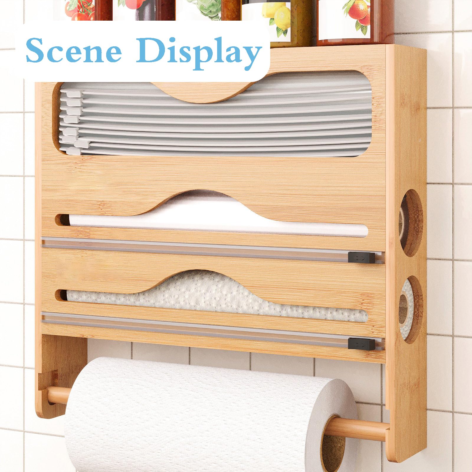 Dispenser per fogli e taglierina, organizer per rotoli da cucina, dispenser di pellicola trasparente con supporto per rotolo, soluzione salvaspazio per pergamena e foglio di alluminio