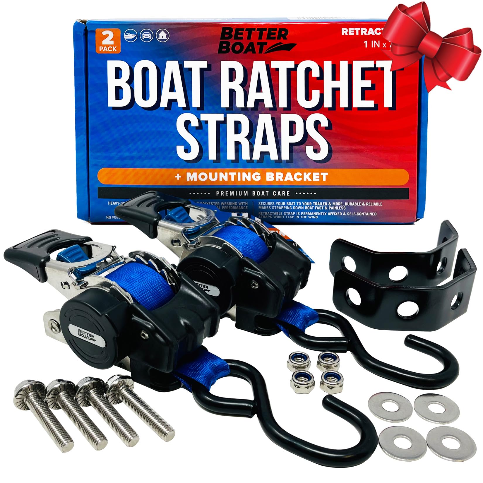 Stainless Steel Retractable Ratchet Straps Heavy Duty Set 2 Transom Tie Downs to Boat Trailer Mounting Brackets & Bolts Set 1 inch x 72" Auto Retract Self Retracting Buckle Short & Long for Cargo
