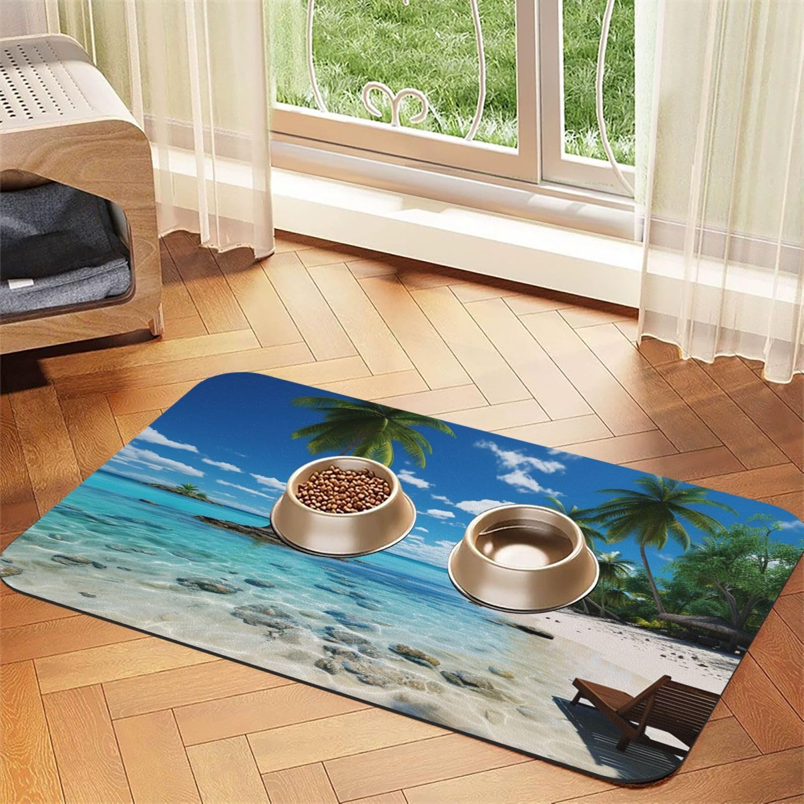 Tapis de nourriture pour gamelle d'eau de chien et chat style plage et palmier