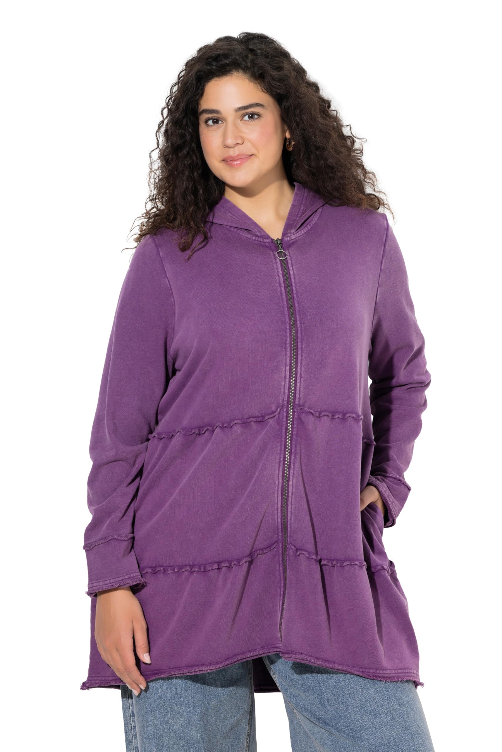 Ulla Popken Damen große Größen Übergrößen Plus Size Long-Hoodiejacke, Vintage-Look, A-Linie, Kapuze 834612