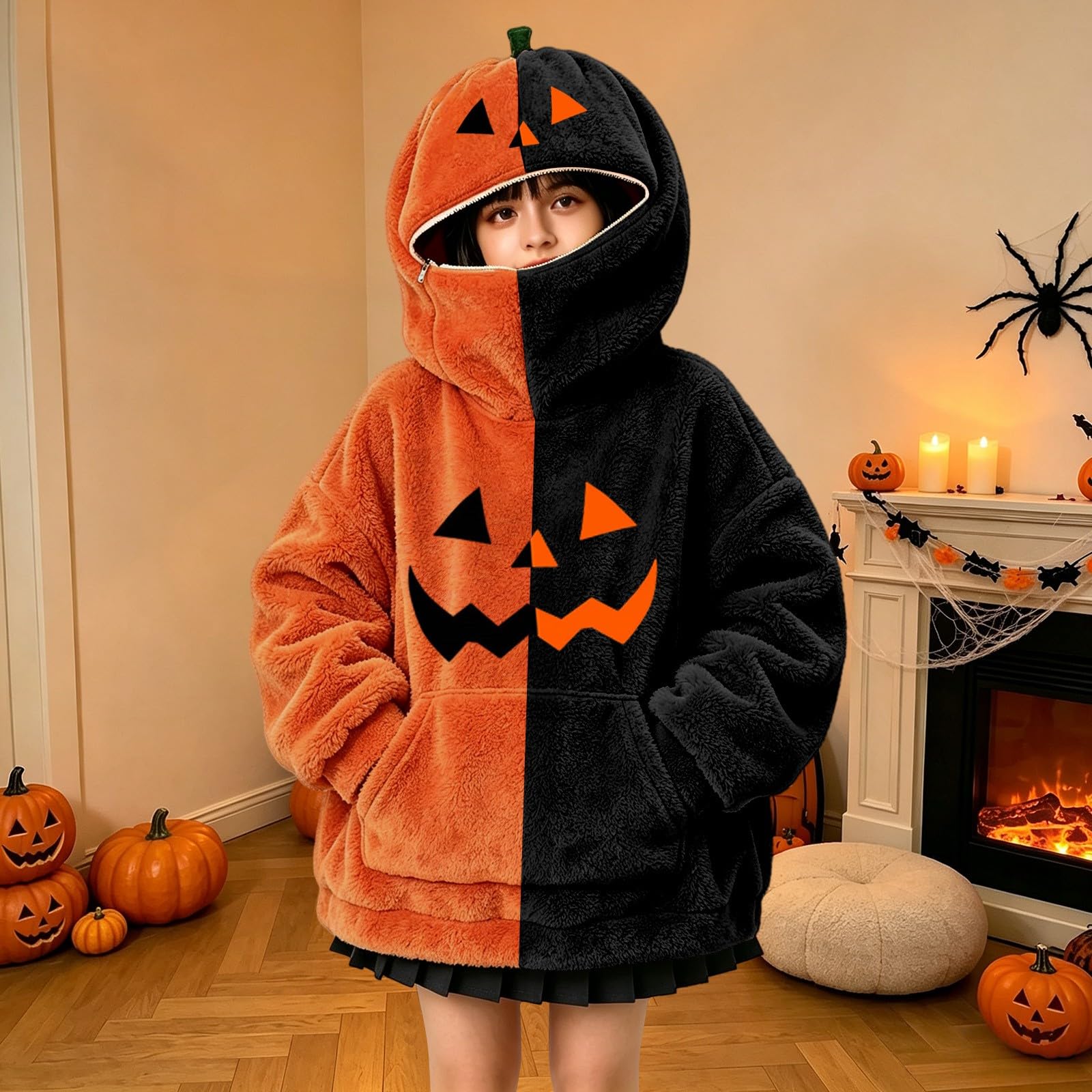 Felpa con cappuccio da ragazza con zucca, colore sfocato | Felpe con cappuccio a due tonalità con viso di zucca per feste di Halloween, per autunno inverno, scuola, vacanze
