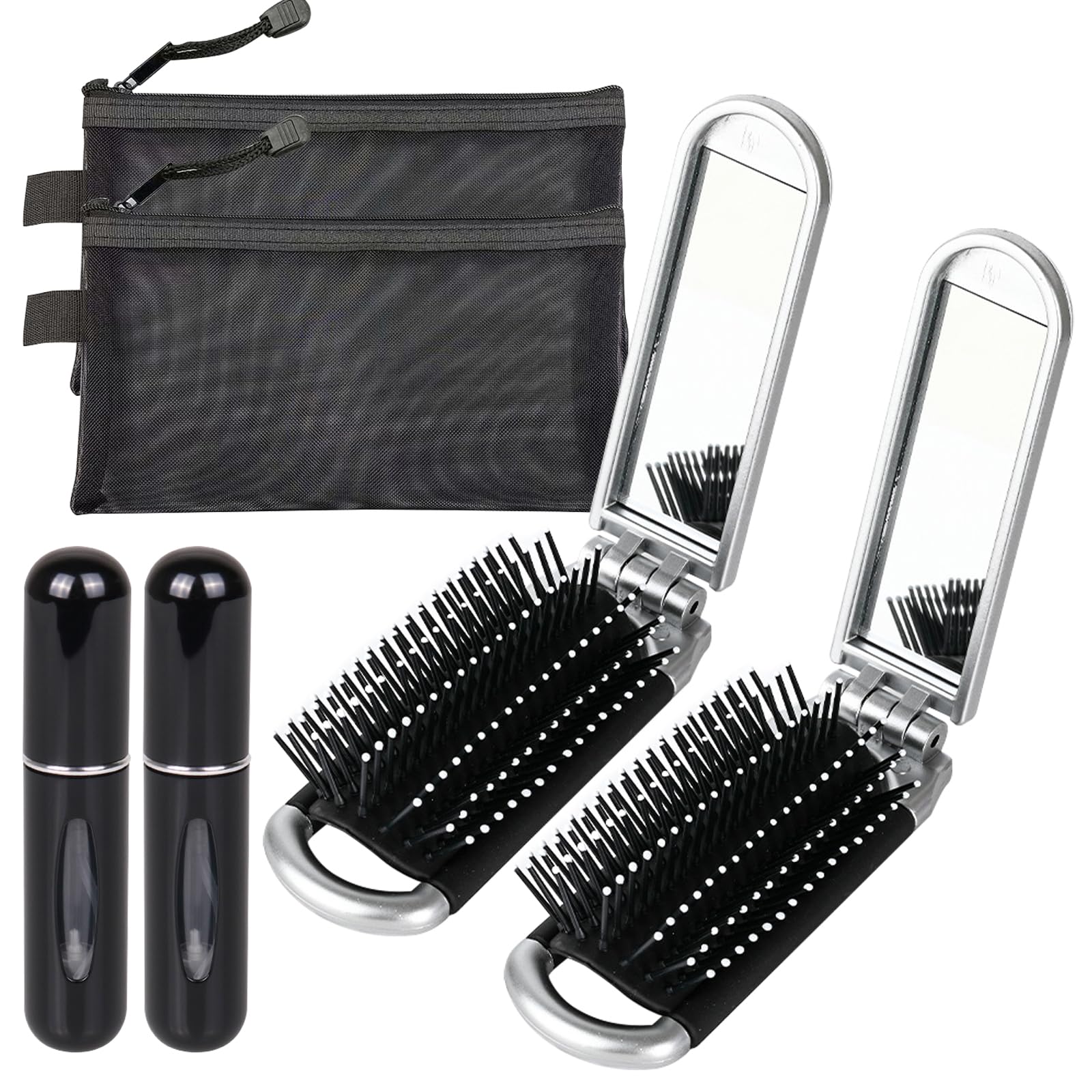 2 Piezas Mini Cepillo de Pelo de Viaje con Espejo Set, Cepillo de Pelo Plegable con 2 Botella Recarga Atomizador Perfume y 2 Bolsa Maquillaje Malla, Mujer Cepillo de Tamaño de Bolsillo