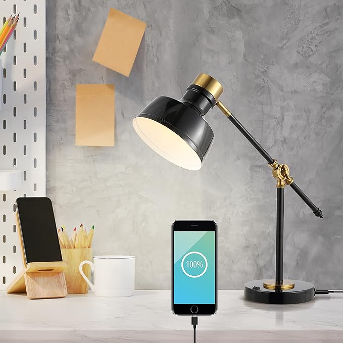 JONATHAN Y JONATHAN Y JYL7124A Allegra 18.5" Adjustable Cantilever LED Task Lamp, USB Charging Port, Classic, Coastal, Industrial, Farmhouse, Traditional for Bedroom, Living Room, Office, Black/Brass Gold photo 2