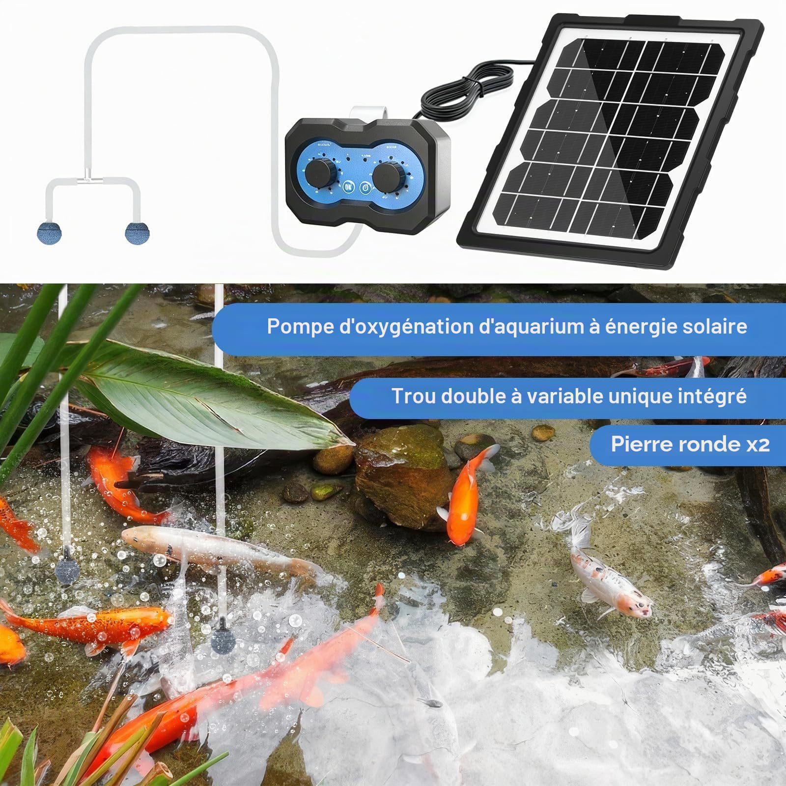 Pompe à oxygène solaire - 3 W - 2 modes de travail - Pompe à oxygène solaire programmée avec batterie de 2200 mAh - Silencieux et réglable - Pompe à air d'aquarium - Pompe à oxygène pour étang, jardin