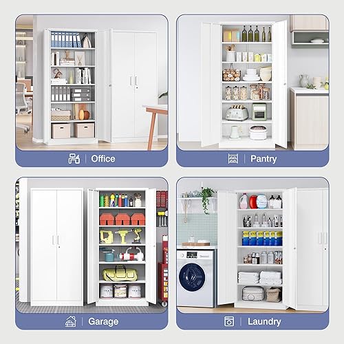 Miniatura 9 de Armario de almacenamiento de metal con cerradura, archivador alto blanco con 2 puertas y 5 estantes ajustables, gabinetes de almacenamiento de acero