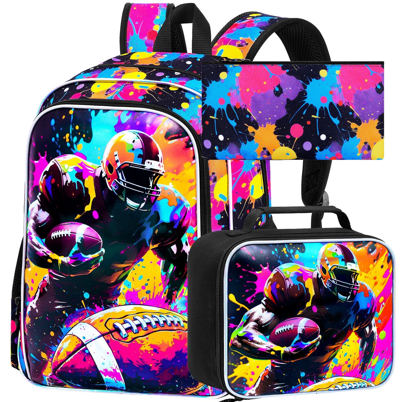 17" Football Backpack for School, 3Pcs Boys Bookbag with Lunch Box, Kids Backpacks Set for Elementary Preschool Kindergarten (Graffiti)
