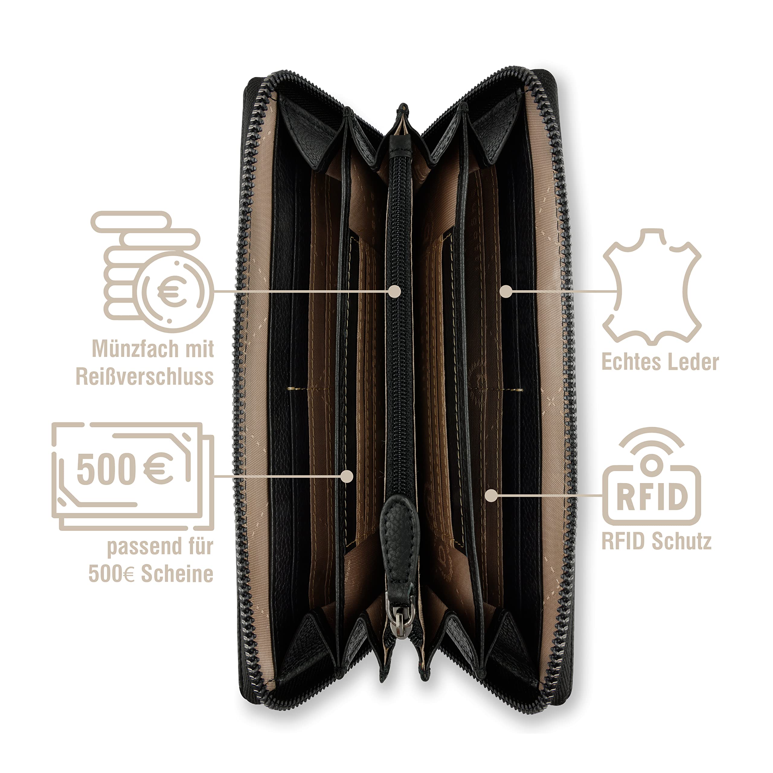 Bugatti Bella Leder Geldbörse im Langformat mit RFID-Schutz in schwarz | 18 Kartenfächer, Münzfach, Rundum-Reißverschluss