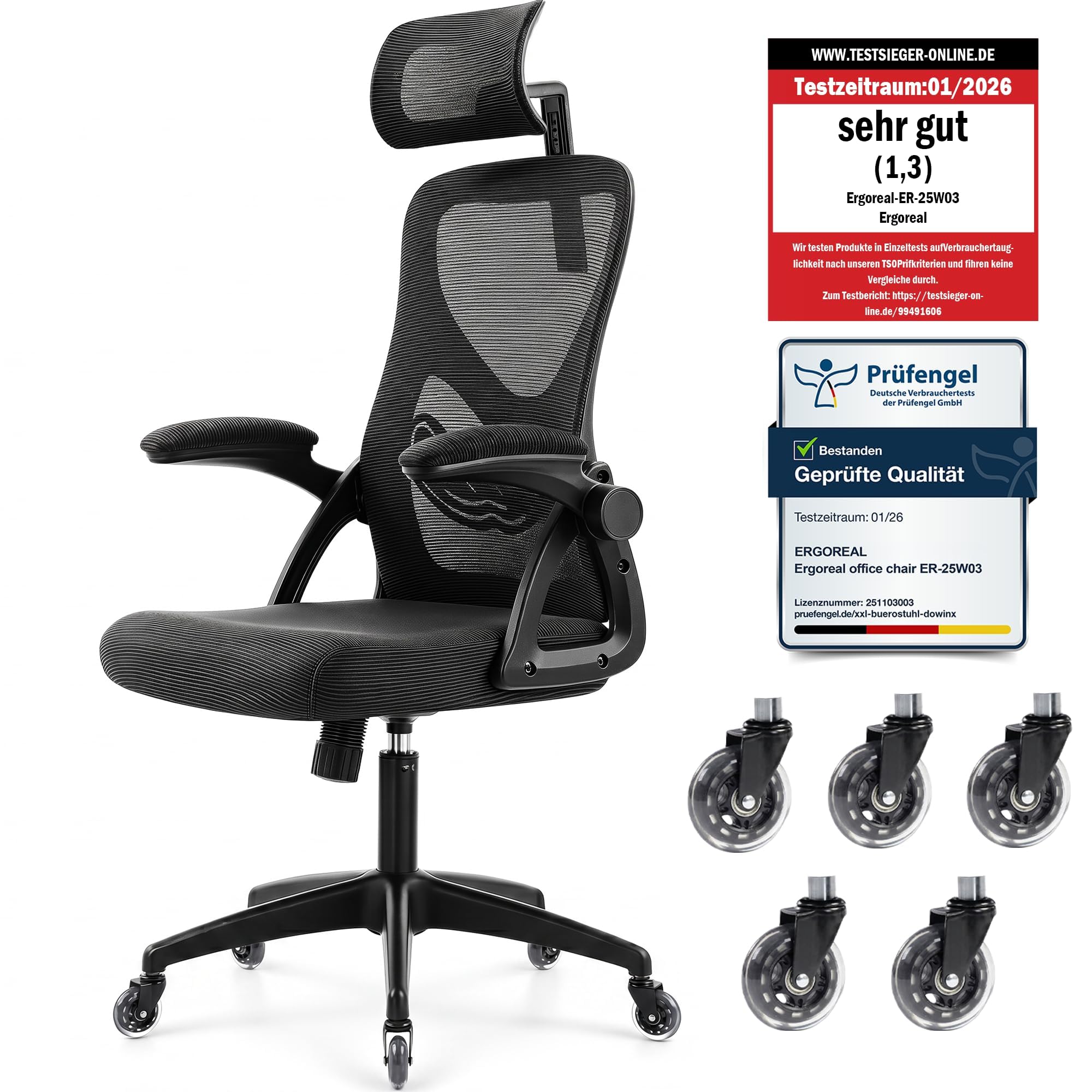 Bürostuhl ergonomisch mit Kopfstütze – Schreibtischstuhl Netz 200kg | Verstellbare Lendenstütze & 2D-Kopfstütze, klappbare Armlehnen, leise Silent-Rollen, höhenverstellbar, Homeoffice & Büro