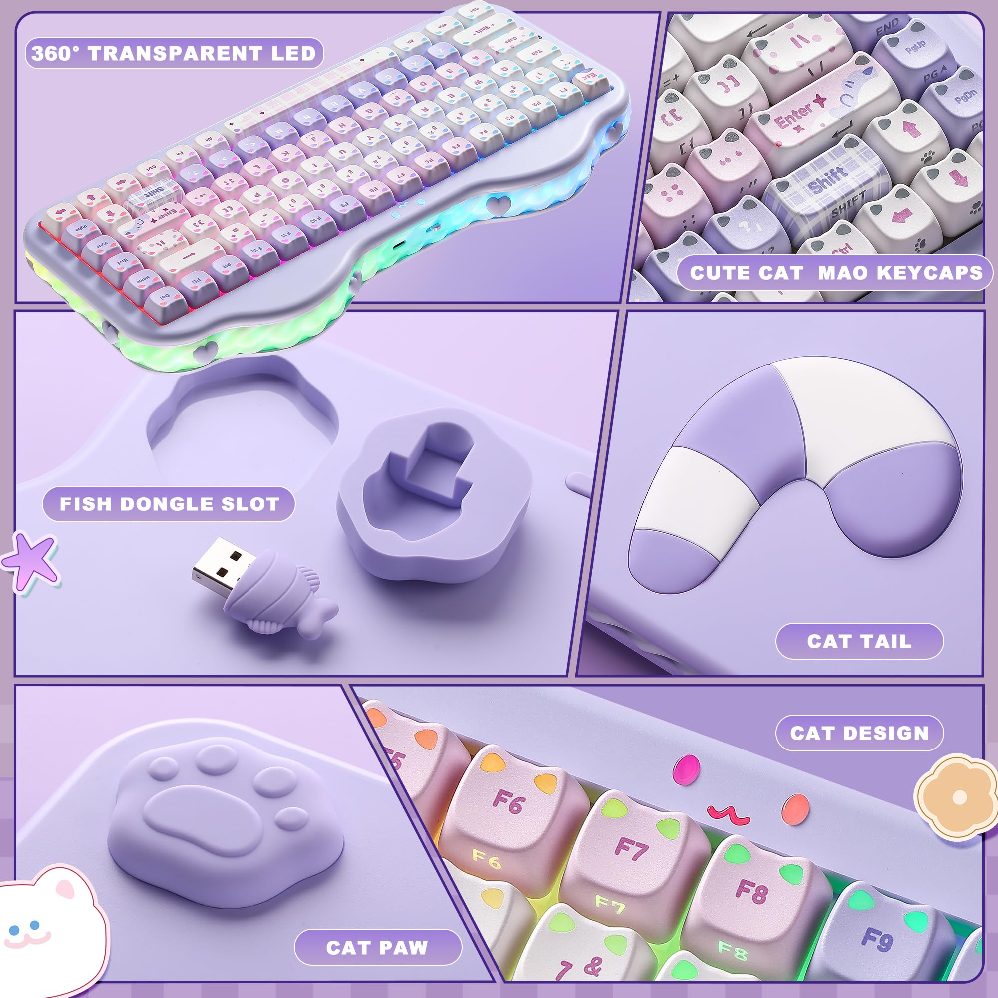YUNZII C75 MAO Cat Tastiera Meccanica Gaming (Purple, Candy-linear) | 75% Layout, Hot Swap, BT/2.4G/USB-C, PBT Keycaps, RGB Retroilluminata, Suono Cremoso Thocky, NKRO, Cute Keyboard for Gaming
