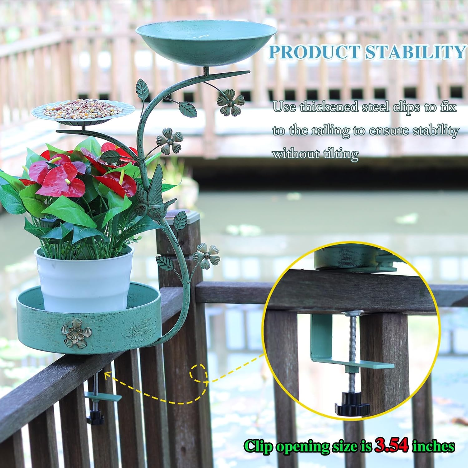 HLQMFHT Deck Bird Bath with Flower Planter Pedestal, Balcony Bird Bath and Bird Feeder, Deck Mounted Bird Bath,for Garden Balcony Patio Deck Railing Decoration,Detachable