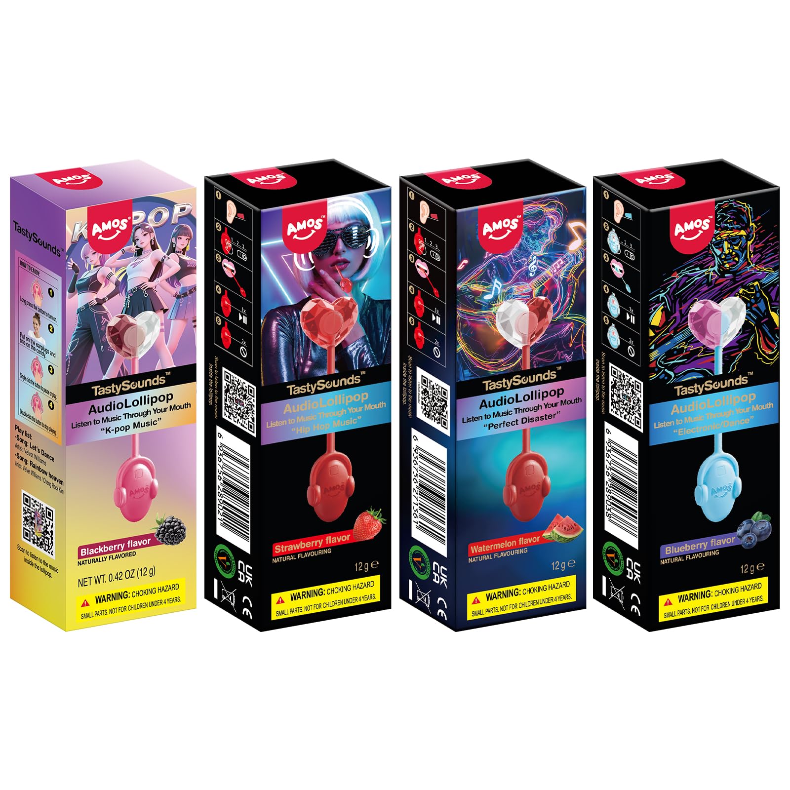 Amos TastySounds Audio Music Lollipop Candy – Singing Music Lollipop Suckers, Sugar-Free, 4-Pack Variety (Strawberry, Blueberry, Blackberry, Watermelon), Individually Wrapped